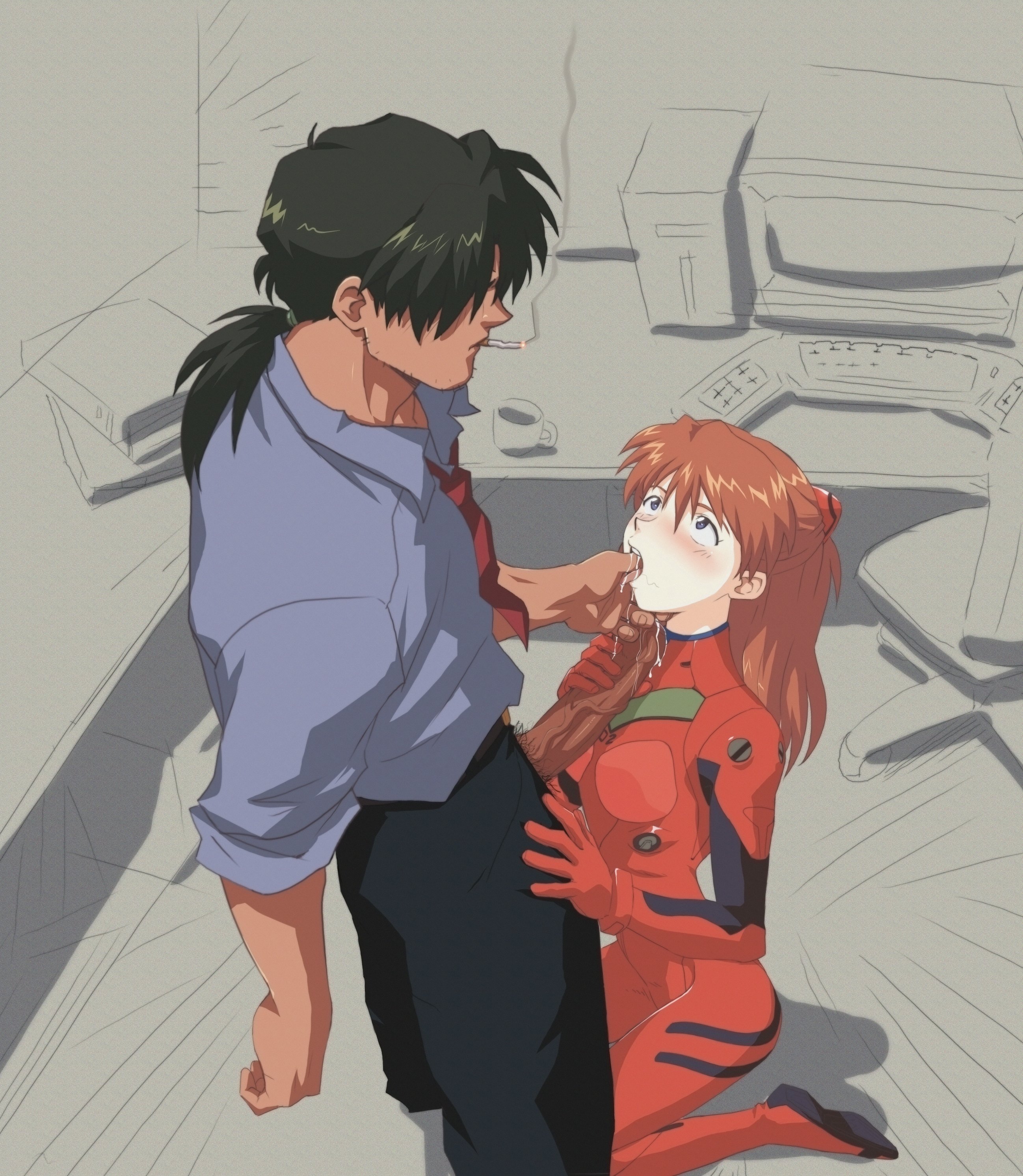 amondetauro, neon genesis evangelion, absurdres, highres, 1boy, 1girl, after fellatio, age difference, black hair, blush, bodysuit, breasts, erection, finger in another's mouth, hetero, indoors, kneeling, large penis, long hair, looking up, low ponytail, mature male, mecha pilot suit, medium breasts, orange hair, penis, plugsuit (evangelion), ponytail, red bodysuit, stray pubic hair, tongue, tongue out, uncensored, veins, veiny penis