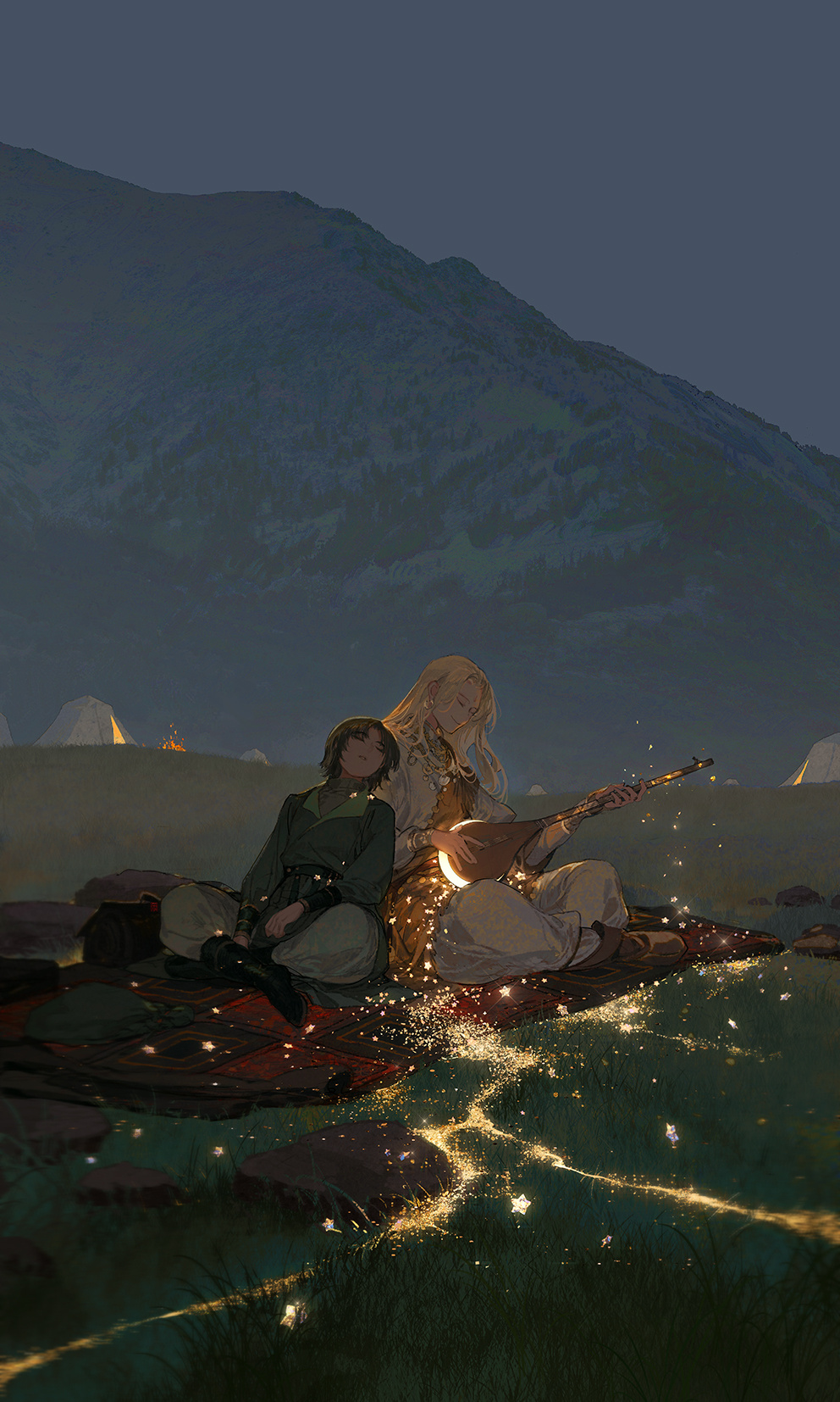 ibuki satsuki, original, chinese commentary, commentary request, highres, 2boys, black boots, blonde hair, bonfire, boots, brown hair, closed eyes, closed mouth, glowing, glowing instrument, grass, indian style, instrument, leaning on person, loose pants, mountain, multiple boys, music, night, outdoors, picnic blanket, playing instrument, rock, sitting, sleeping, sleeping on person, sleeping upright, tent, wide shot