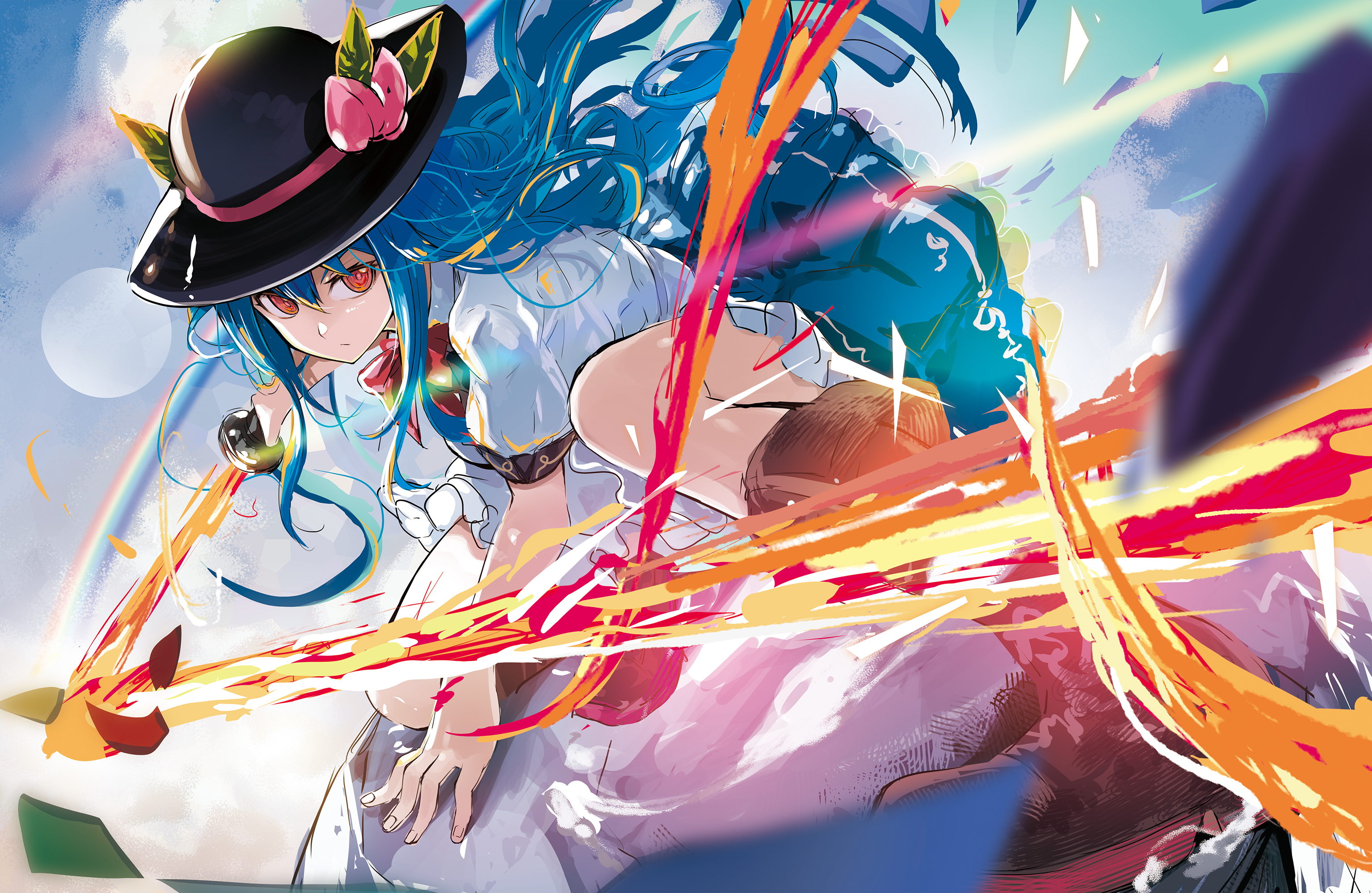 l.f., hinanawi tenshi, touhou, highres, 1girl, blue hair, fire, food, fruit, hat, holding, holding weapon, long hair, peach, red eyes, shirt, sword, very long hair, weapon