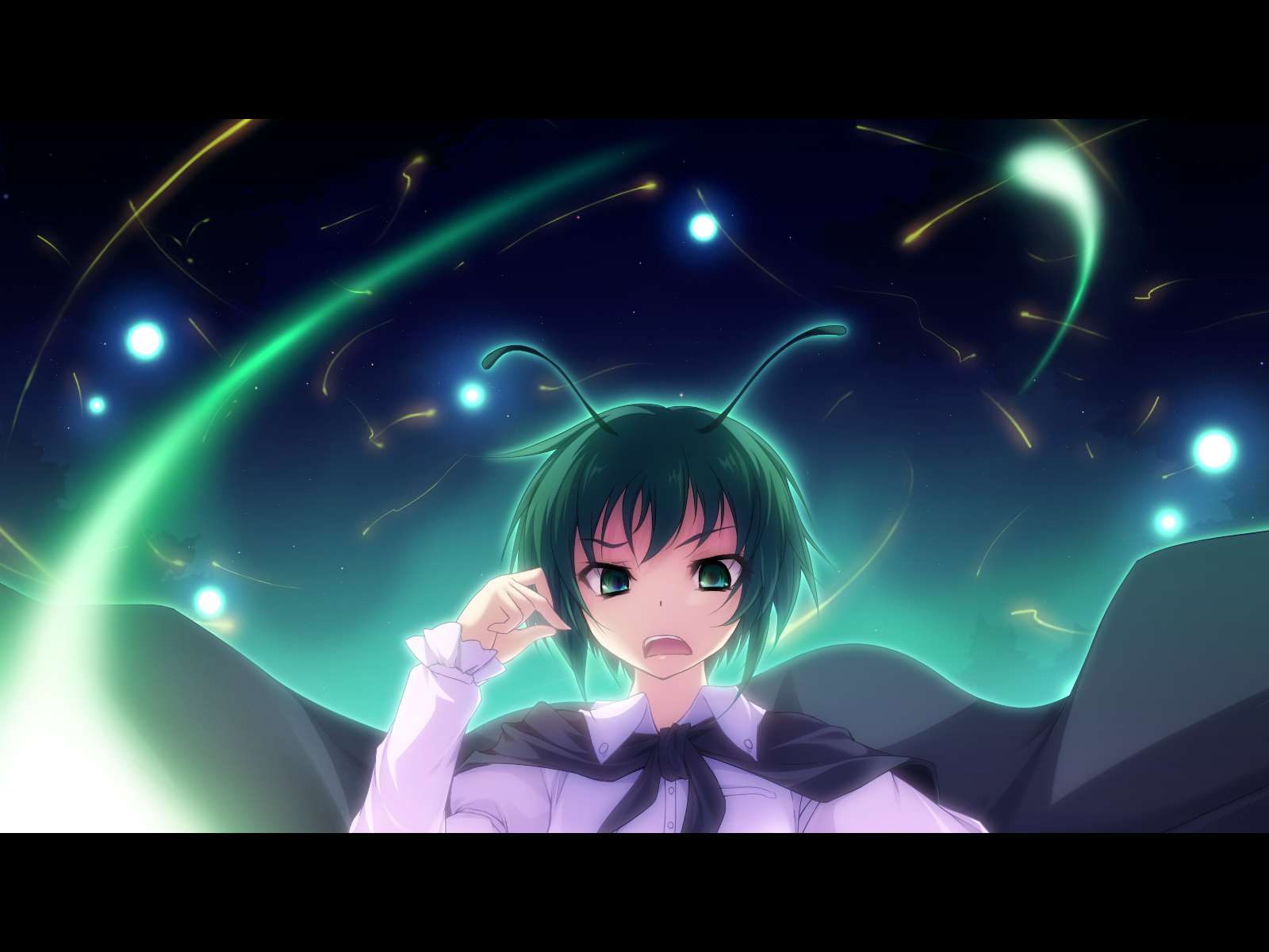 hinoeya kiuri, kazakura, wriggle nightbug, touhou, light, highres, 1girl, androgynous, antennae, bug, female focus, fireflies, firefly, glaring, glowing, green eyes, green hair, insect, letterboxed, looking down, matching hair/eyes, night, raised eyebrow, reverse trap, short hair, sky, solo, upper body