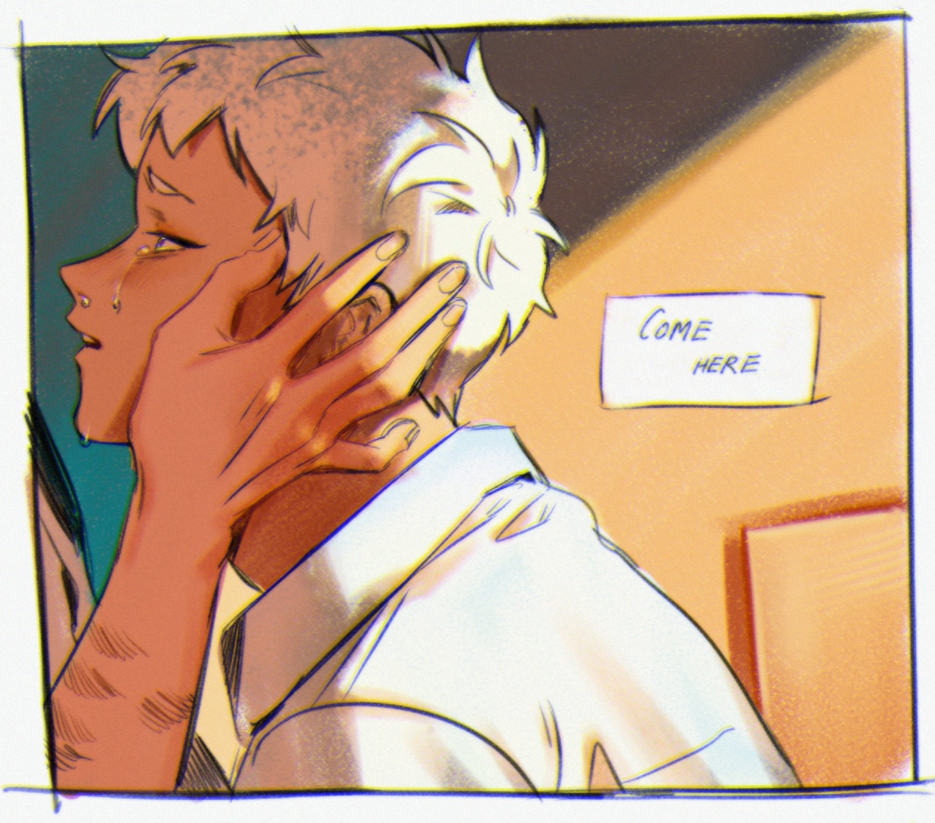 iria arts, indou hikaru, tsujinaka yoshiki, hikaru ga shinda natsu, highres, 2boys, border, collared shirt, english text, hand on another's face, male focus, multiple boys, shirt, short hair, snot, solo focus, tears, teeth, upper body, white border, white hair, white shirt