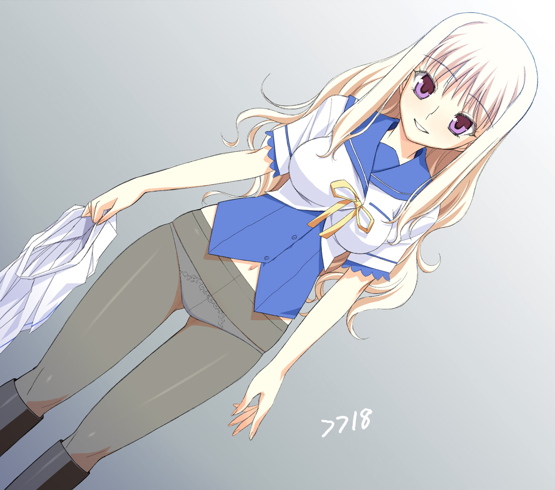 tomomimi shimon, hibarigaoka yuki, bra-ban!, 1girl, blonde hair, boots, bottomless, crotch seam, female focus, long hair, lowleg, lowleg panties, no pants, panties, panties under pantyhose, pantyhose, purple eyes, school uniform, smile, solo, underwear, undressing