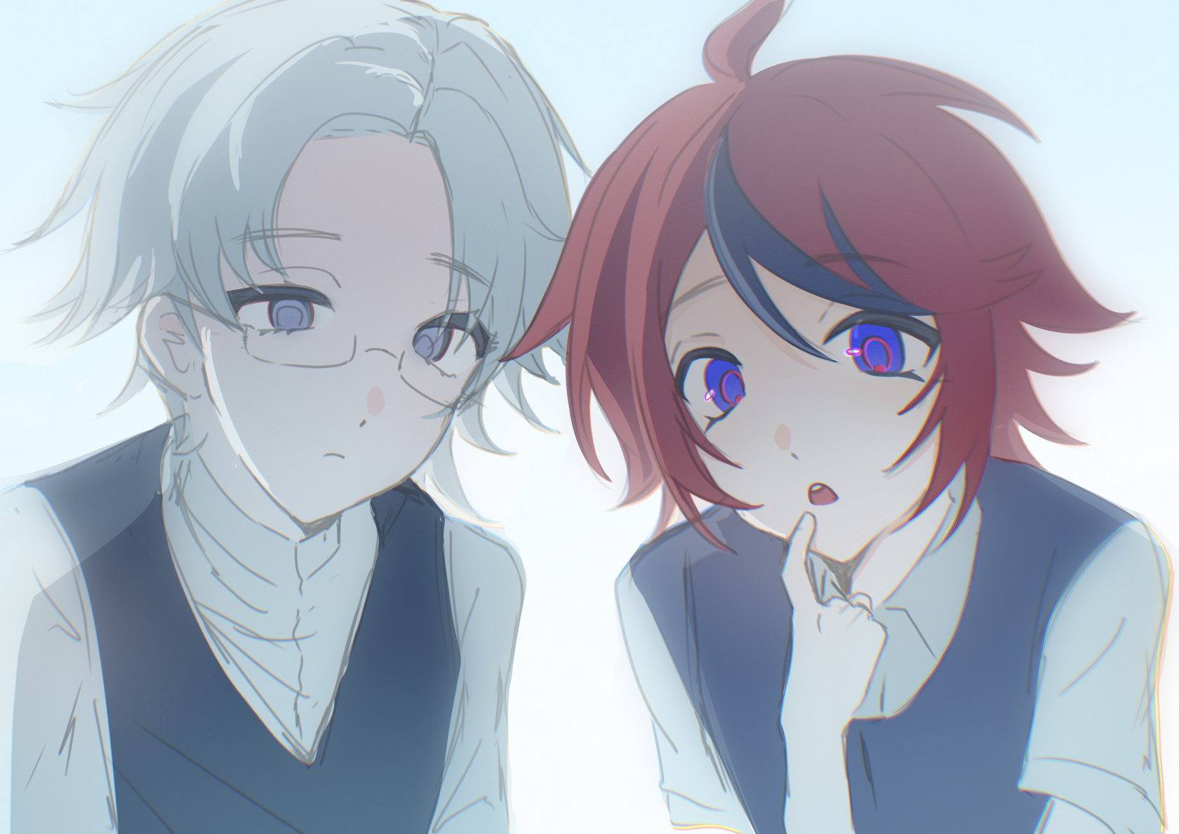 aotsuki eito, sumino takumi, the hundred line -last defense academy-, highres, 2boys, aged down, ahoge, blue eyes, cropped torso, glasses, looking at viewer, male focus, multicolored hair, multiple boys, purple eyes, red hair, school uniform, short hair, simple background, streaked hair, white background