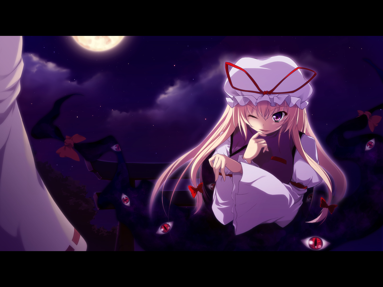 hinoeya kiuri, kazakura, hakurei reimu, yakumo yukari, touhou, highres, 2girls, blonde hair, female focus, full moon, gap (touhou), hat, letterboxed, long hair, moon, multiple girls, one eye closed, purple eyes, ribbon, sky, solo focus, torii, wings, wink