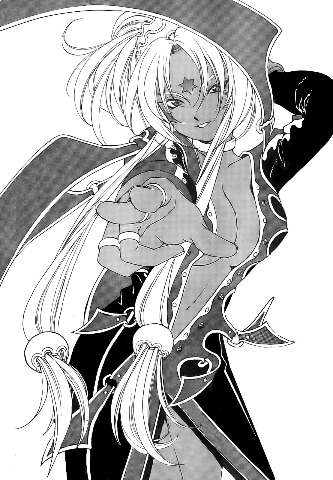 fujishima kousuke, hild, aa megami-sama, highres, 1girl, breasts, choker, cleavage, dark-skinned female, dark skin, demon, demon girl, facial mark, forehead mark, greyscale, jewelry, large breasts, long hair, monochrome, ring, star (symbol), star facial mark