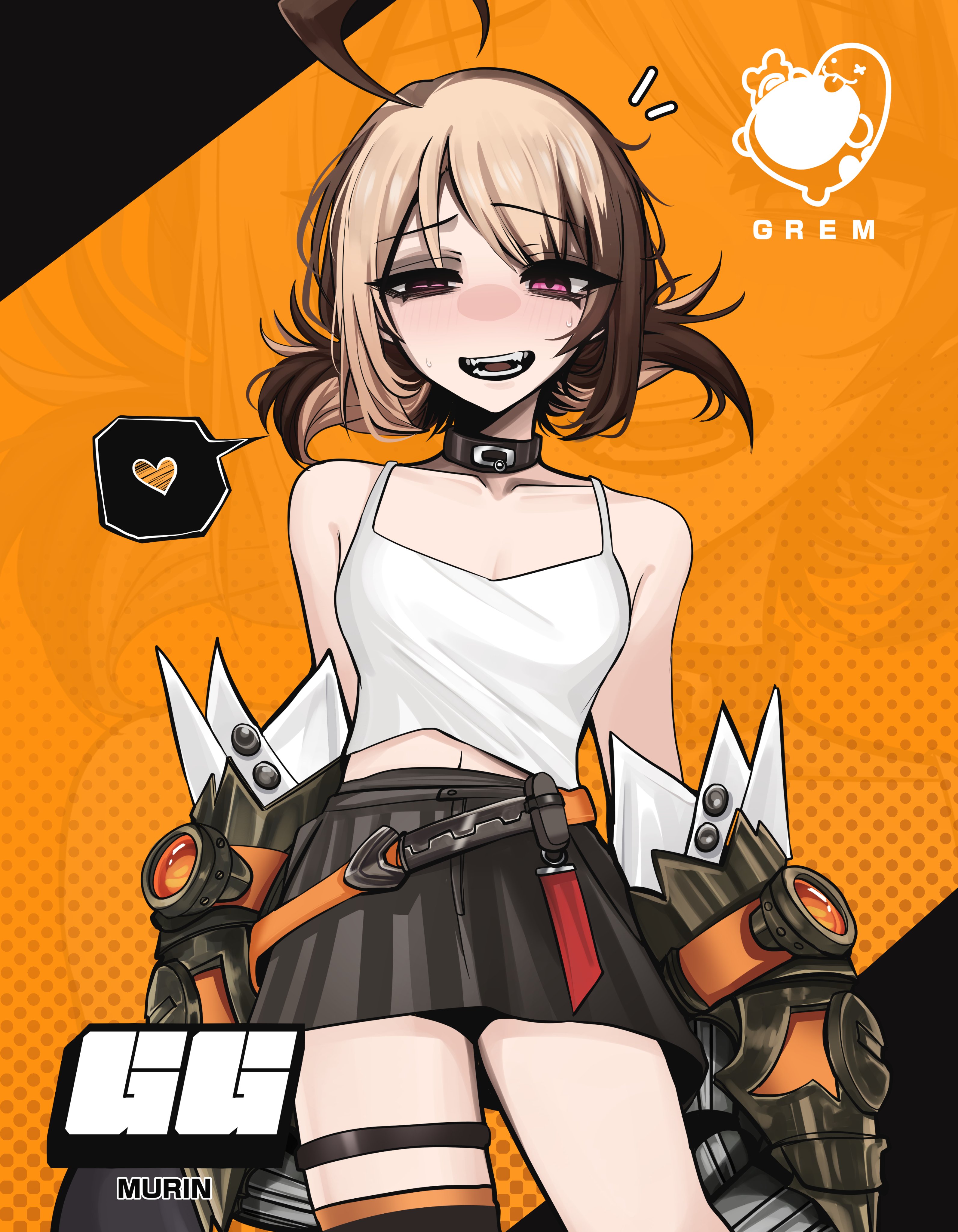 mikuneki, gigi murin, hololive, hololive english, absurdres, commentary, highres, 1girl, ahoge, alternate costume, black choker, black skirt, blonde hair, breasts, brown hair, character name, choker, cleavage, collarbone, cowboy shot, double-parted bangs, gauntlets, heart, looking at viewer, midriff peek, miniskirt, multicolored hair, open mouth, orange background, pink eyes, short hair, skirt, small breasts, smile, solo, speech bubble, spoken heart, straight-on, sweat, tank top, teeth, two-tone hair, virtual youtuber, white tank top
