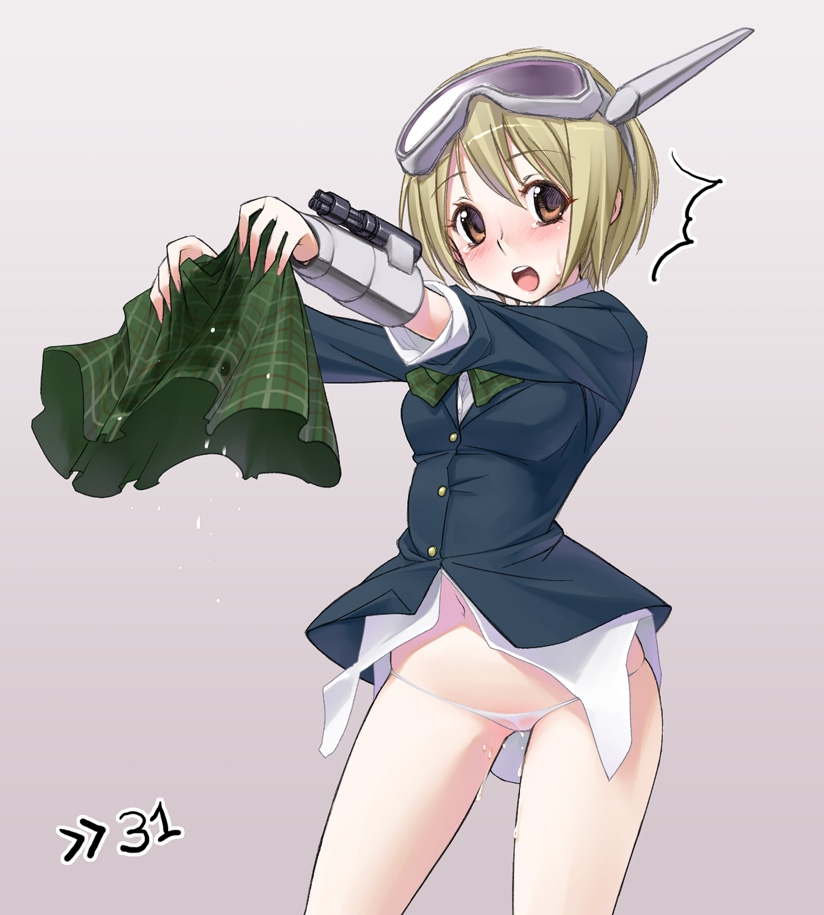 tomomimi shimon, plaid, 1girl, blonde hair, blush, brown eyes, female focus, goggles, lowleg, lowleg panties, narrow waist, no pants, open mouth, panties, pee, peeing, peeing self, school uniform, short hair, skirt, solo, tears, thigh gap, thighs, underwear, wet, wet clothes, wet panties, white panties