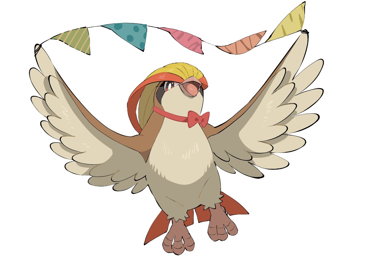 yumeminoideyu2, pidgeot, nintendo, pokemon, animal focus, beak, bird, bow, bowtie, brown eyes, brown feathers, feathers, flying, full body, gen 1 pokemon, looking at viewer, no humans, open mouth, pokemon (creature), pokemon focus, red bow, red bowtie, red feathers, red ribbon, ribbon, simple background, solo, talons, white background, yellow feathers