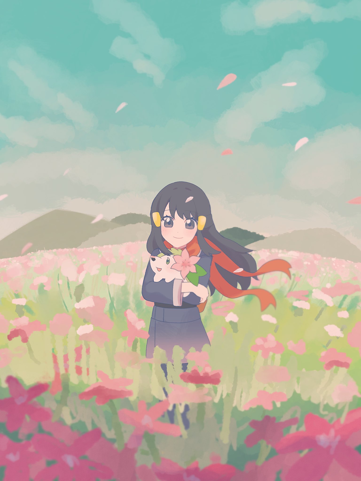 hiiro99522, akari (pokemon), shaymin, shaymin (land), nintendo, pokemon, highres, 1girl, black hair, black sash, blush, closed mouth, field, flower, flower field, galaxy expedition team survey corps uniform, gen 4 pokemon, gracidea, green eyes, grey eyes, hedgehog, holding, holding pokemon, jacket, legendary pokemon, long hair, looking at viewer, mythical pokemon, open mouth, outdoors, pantyhose, petals, pink flower, pokemon (creature), red scarf, sash, scarf, sidelocks, sky, smile