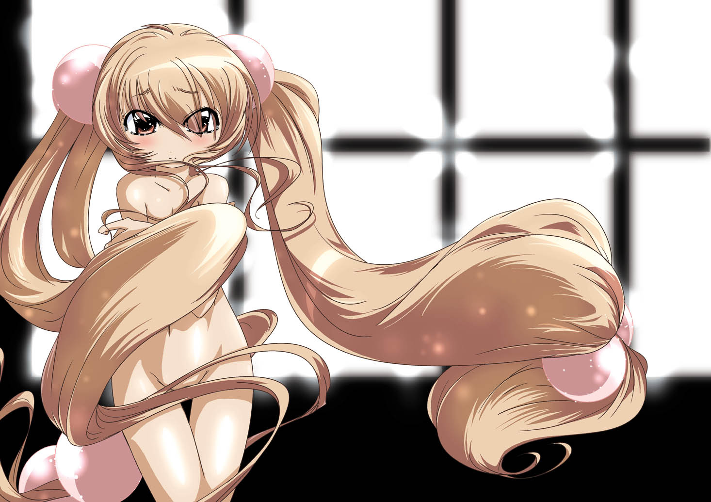 yuumin, kokonoe rin, kodomo no jikan, 00s, 1girl, blonde hair, brown eyes, censored, convenient censoring, female focus, hair bobbles, hair censor, hair ornament, hair over crotch, loli, long hair, nude, ponytail, solo, sphere hair ornament, twintails, very long hair, window