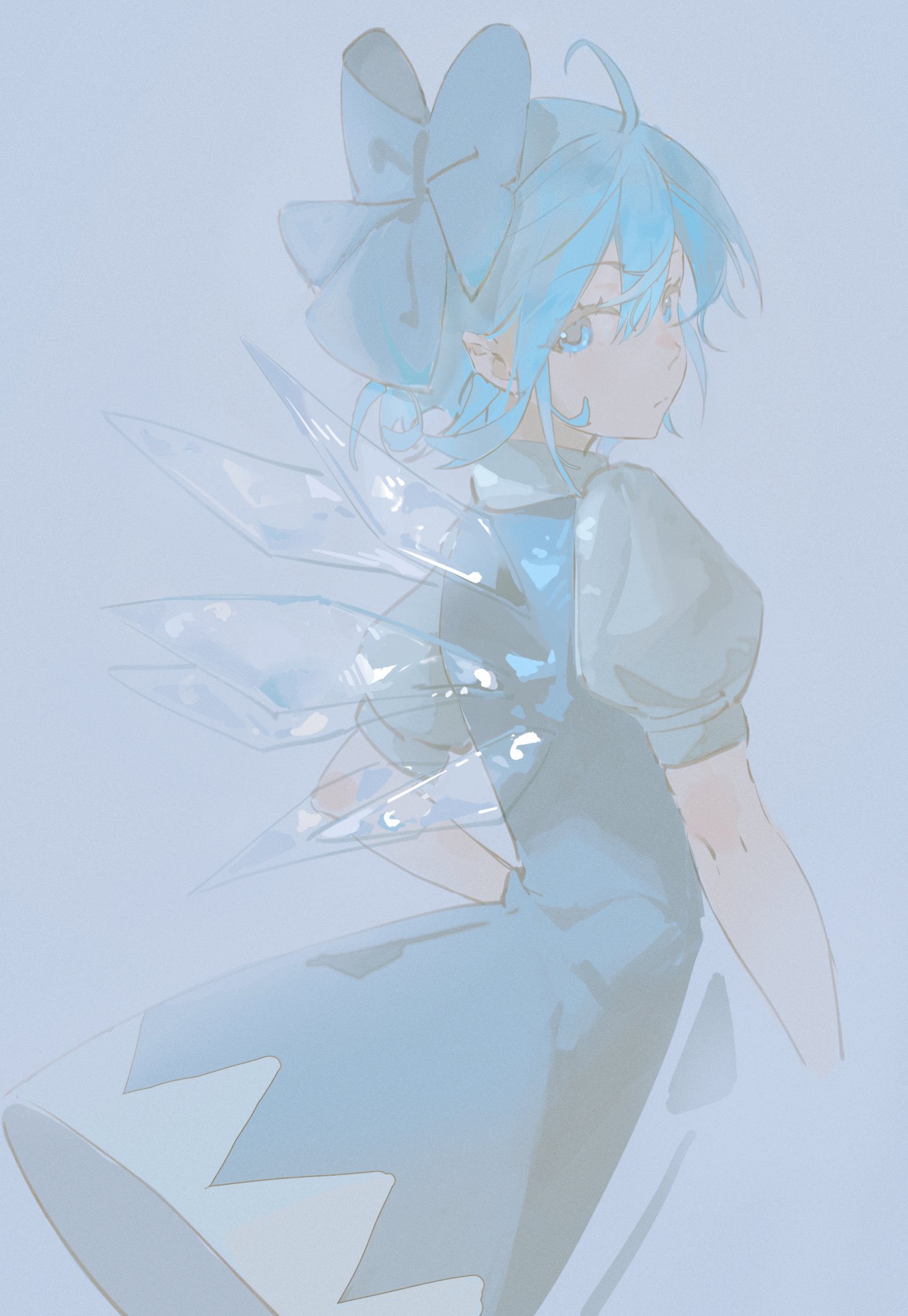 li meng shan, cirno, touhou, highres, 1girl, blue dress, blue eyes, blue hair, bow, dress, from side, hair bow, ice, ice wings, large bow, short hair, solo, wings