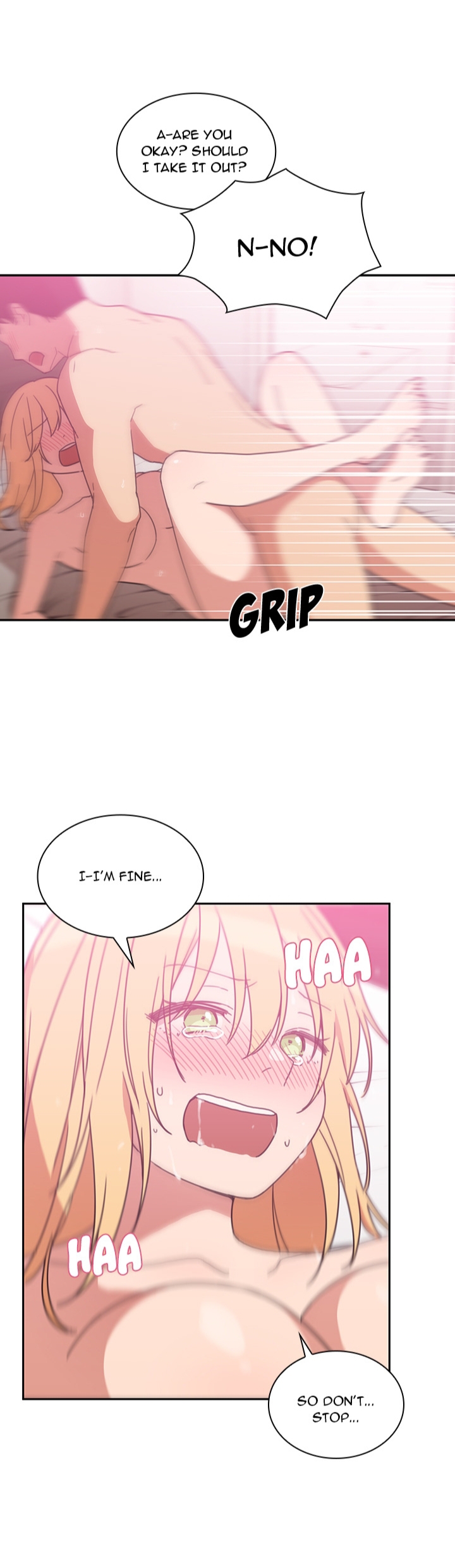 pornhwa, webtoon, artist request, character request, colorized, cropped, highres, long image, official art, translated, 1boy, 1girl, ass, bare shoulders, bed, bed sheet, black hair, blonde hair, blush, breasts, collarbone, english text, green eyes, in pain, large breasts, leg lock, lying, lying on person, medium hair, nude, on back, on stomach, open mouth, rough sex, sex, short hair, speech bubble, sweat, sweatdrop, tearing up, tears, teeth, upper teeth only