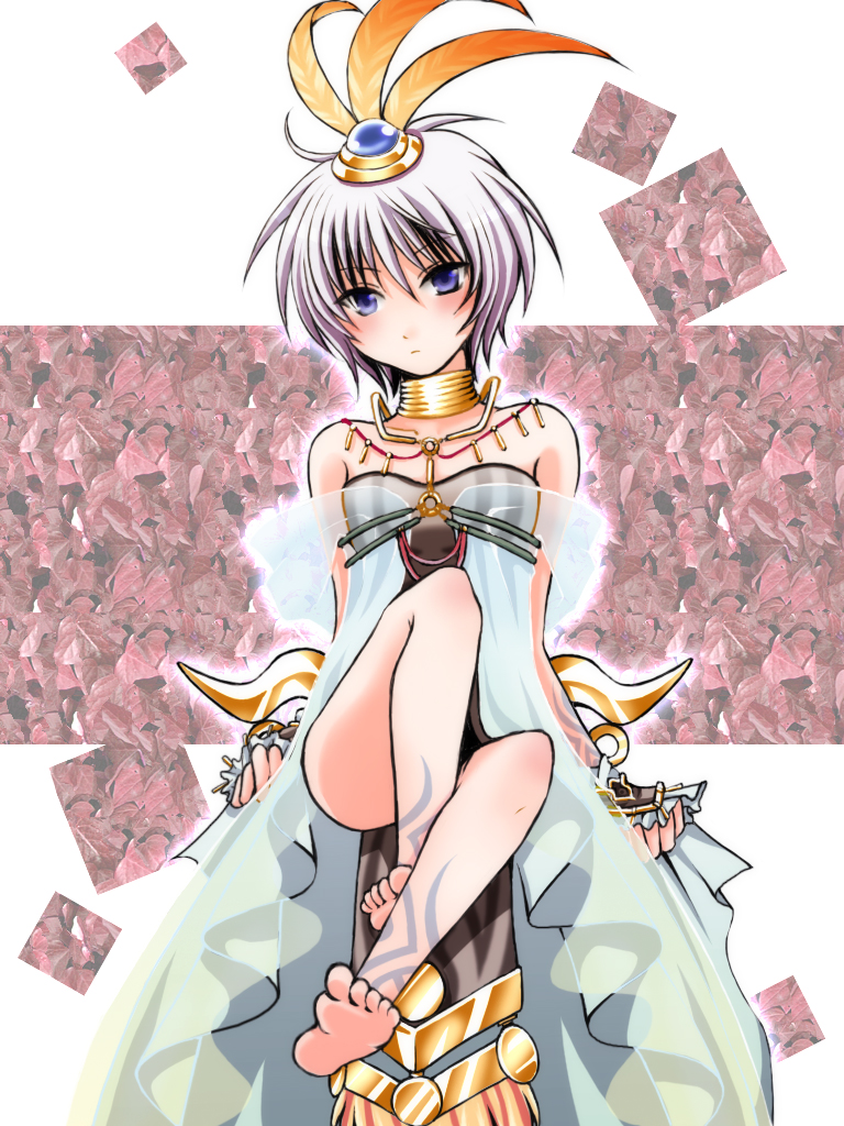 hachipocchi, shaman (ragnarok online), sierra (ro), ragnarok online, ragnarok online ds, 1girl, bad anatomy, bad feet, bare shoulders, barefoot, blue eyes, feathers, feet, female focus, grey hair, hair ornament, jewelry, poorly drawn, short hair, solo