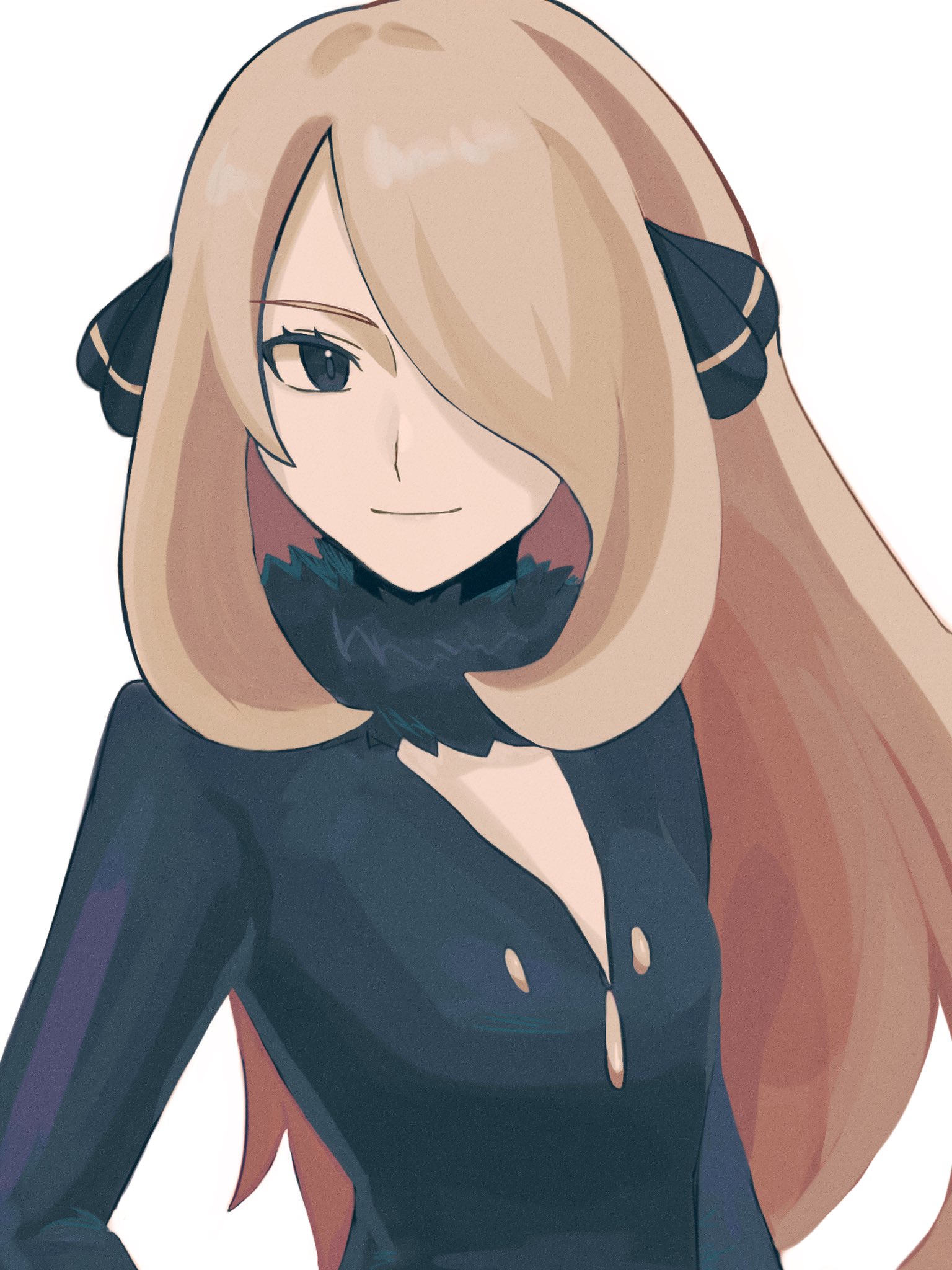 hiiro99522, cynthia (pokemon), nintendo, pokemon, pokemon dppt, highres, 1girl, black coat, blonde hair, breasts, closed mouth, coat, fur collar, fur trim, grey eyes, hair ornament, hair over one eye, long hair, long sleeves, looking at viewer, simple background, smile, solo, upper body, very long hair, white background