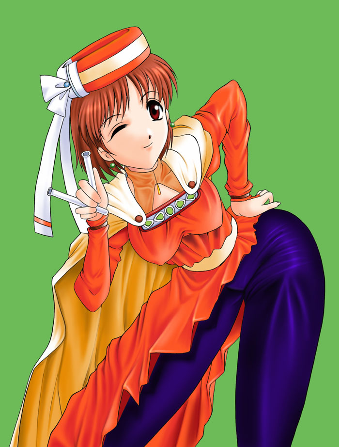 naaga, elfir traum, atelier (series), atelier elie, gust, 1girl, bent over, blue leggings, breasts, brown eyes, brown hair, cape, covered erect nipples, dress, earrings, female focus, green background, hand on own hip, hat, impossible clothes, impossible dress, jewelry, large breasts, leggings, looking at viewer, one eye closed, orange dress, orange hat, orange shirt, parted bangs, pendant, ribbon, shirt, short hair, simple background, smile, solo, spandex, spread legs, standing, taut clothes, taut shirt, test tube, turtleneck, wink