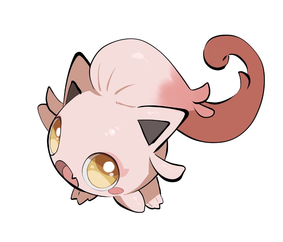 yumeminoideyu2, scream tail, nintendo, pokemon, :o, animal focus, blush stickers, fang, full body, looking at viewer, no humans, open mouth, pink fur, pokemon (creature), pokemon focus, simple background, skin fang, solo, standing, white background, yellow eyes
