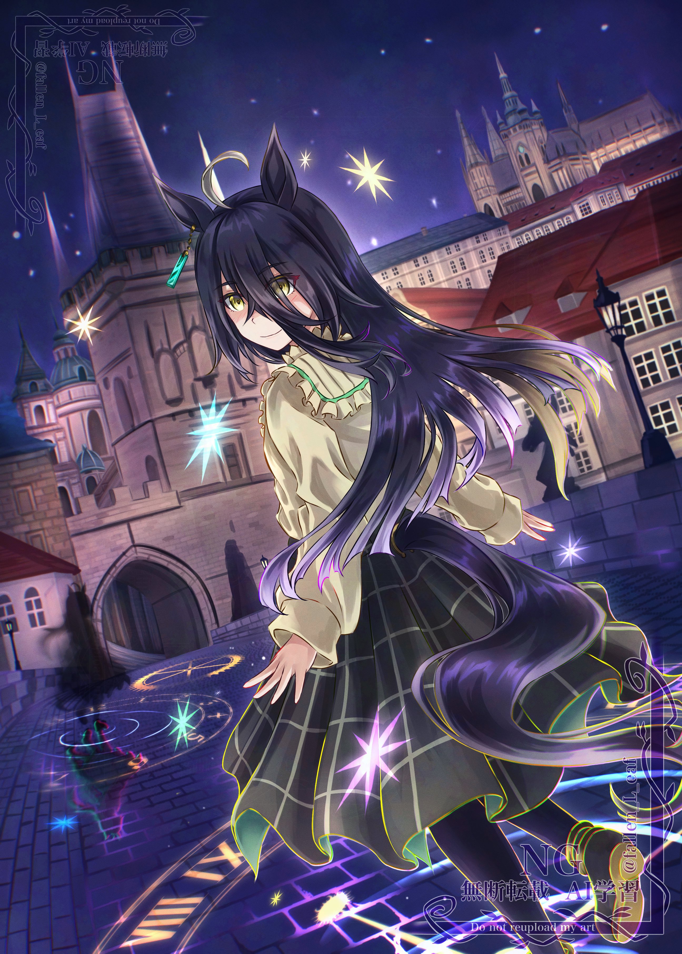 gentiano815, manhattan cafe (casual) (umamusume), manhattan cafe (umamusume), umamusume, absurdres, commentary request, highres, 1girl, ahoge, animal ears, black hair, black pantyhose, black ribbon, black skirt, blunt ends, bridge, brown shirt, castle, casual, cathedral, church, cobblestone, colored inner hair, cup, czech republic, earrings, european architecture, full body, hair between eyes, horse ears, horse girl, horse tail, jewelry, long bangs, long hair, long skirt, long sleeves, looking at viewer, mug, multicolored hair, neck ribbon, night, night sky, official alternate costume, pantyhose, pedestrian bridge, prague, real world location, ribbon, sample watermark, shadow, shirt, single earring, skirt, sky, solo, sparkle, tail, tower, two-tone hair, watermark, yellow eyes