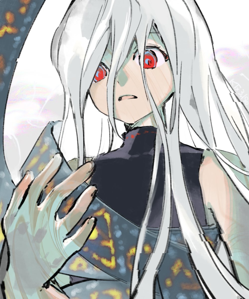 kaigen 1025, yuiman asama, touhou, highres, 1girl, bare shoulders, black shirt, hair between eyes, hand up, long bangs, long hair, parted lips, red eyes, shirt, sleeveless, sleeveless shirt, solo, turtleneck, upper body, white background, white hair