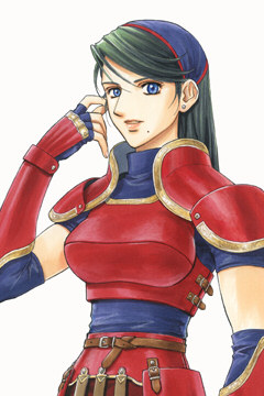 yamagata isaemon, ziska villa, atelier (series), atelier lilie, gust, lowres, official art, 1girl, :d, adjusting hair, armor, belt, blue eyes, blue gloves, breastplate, breasts, cowboy shot, earrings, elbow gloves, faulds, female focus, fingerless gloves, flipped hair, gloves, green hair, hairband, hand up, jewelry, large breasts, long hair, looking at viewer, mole, mole under mouth, open mouth, parted lips, pauldrons, short sleeves, shoulder armor, simple background, skirt, smile, solo, straight hair, stud earrings, swept bangs, turtleneck, upper body, vambraces, white background