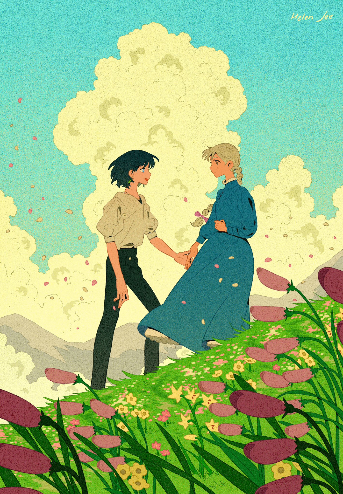 helen jee, howl pendragon, sophie hatter, howl no ugoku shiro, commentary, english commentary, highres, 1boy, 1girl, black hair, black pants, blue dress, blue eyes, blue sky, braid, cloud, dress, earrings, flower, grass, grey hair, holding hands, jewelry, long dress, long hair, mountainous horizon, pants, pink flower, puffy sleeves, shirt, short hair, signature, sky, white flower, white shirt