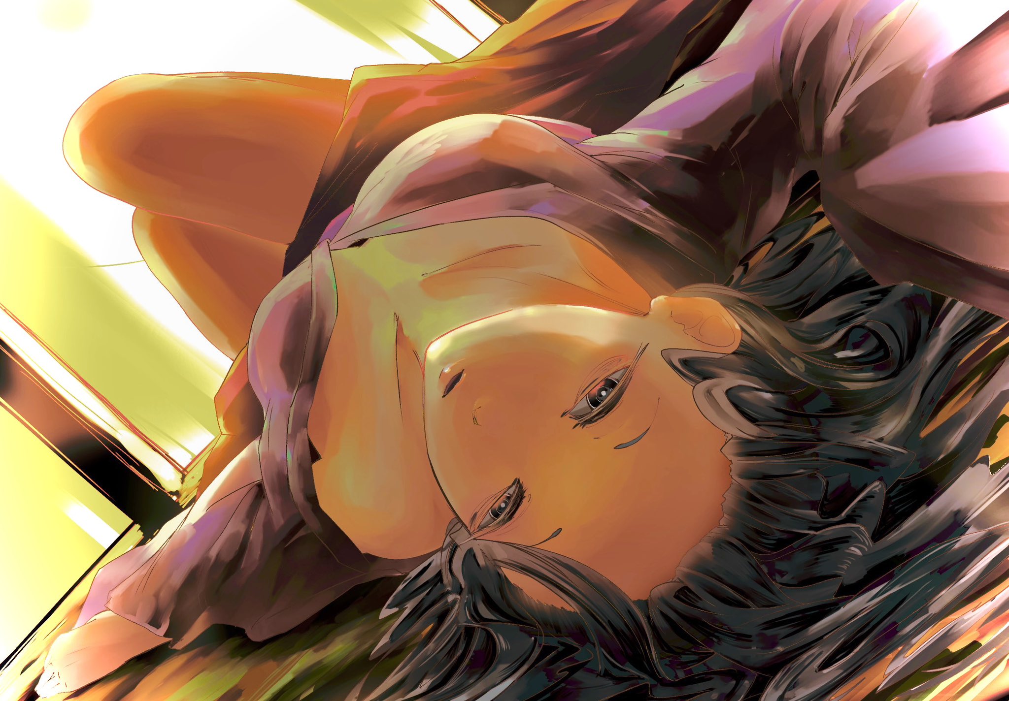 umaieokakitai, houraisan kaguya, touhou, highres, 1girl, black eyes, black hair, breasts, cleavage, collarbone, expressionless, knees up, long hair, looking at viewer, lying, medium breasts, on back, parted lips, pink shirt, red skirt, shirt, skirt, solo