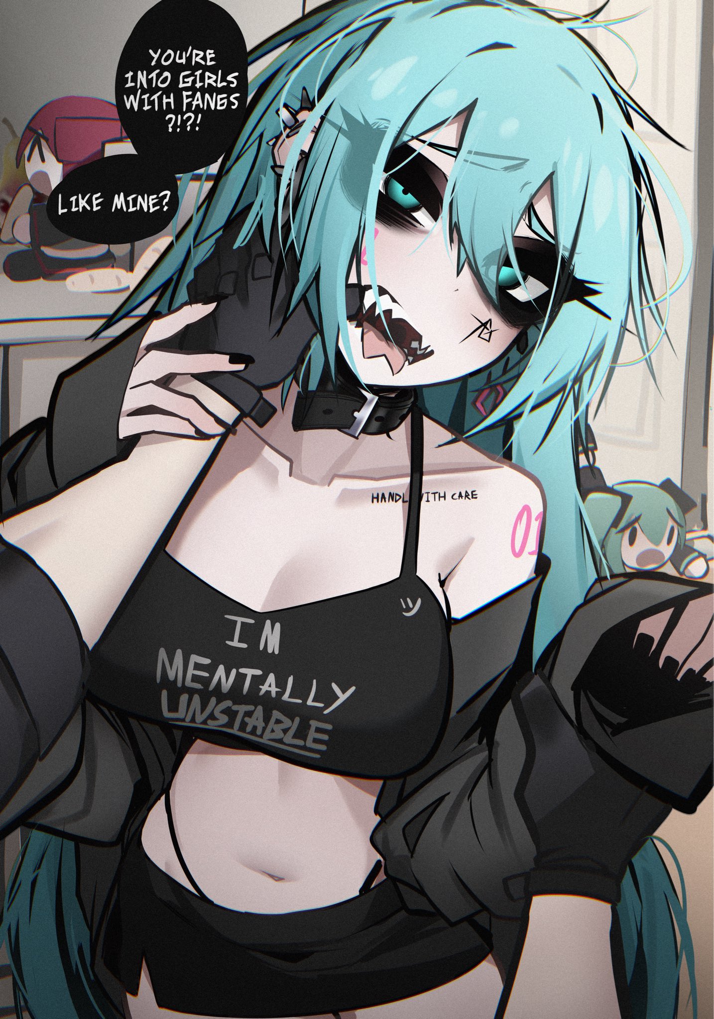 ace glitch, hatsune miku, kasane teto, kasane teto (sv), synthesizer v, utau, vocaloid, highres, 1girl, 1other, black bra, black gloves, bra, breasts, character doll, doll, eyeliner, fingerless gloves, gloves, grey eyes, grey hair, hair between eyes, hand on another's face, long hair, looking at viewer, makeup, medium breasts, midriff, miniskirt, piercing, pov, sharp teeth, sidelocks, skirt, speech bubble, teeth, underwear, very long hair