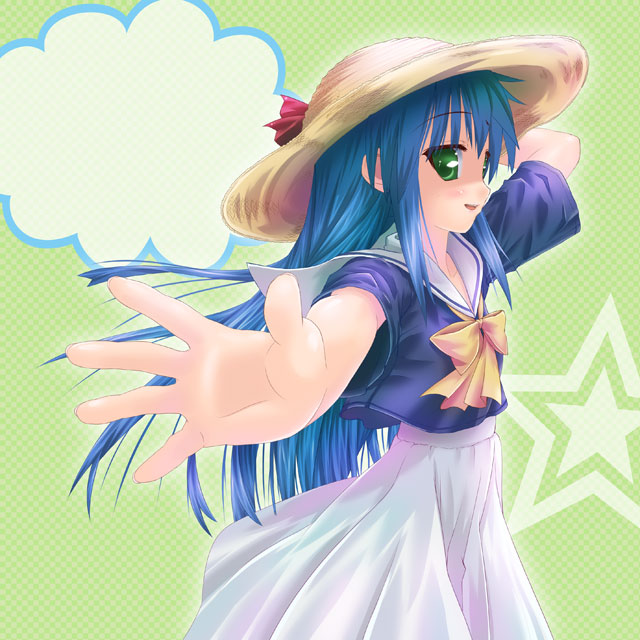 kisaragi miyu, izumi kanata, lucky star, 00s, 1girl, blue hair, dress, female focus, foreshortening, green background, green eyes, hand on headwear, hat, long hair, outstretched arm, outstretched hand, solo, star (symbol), straw hat
