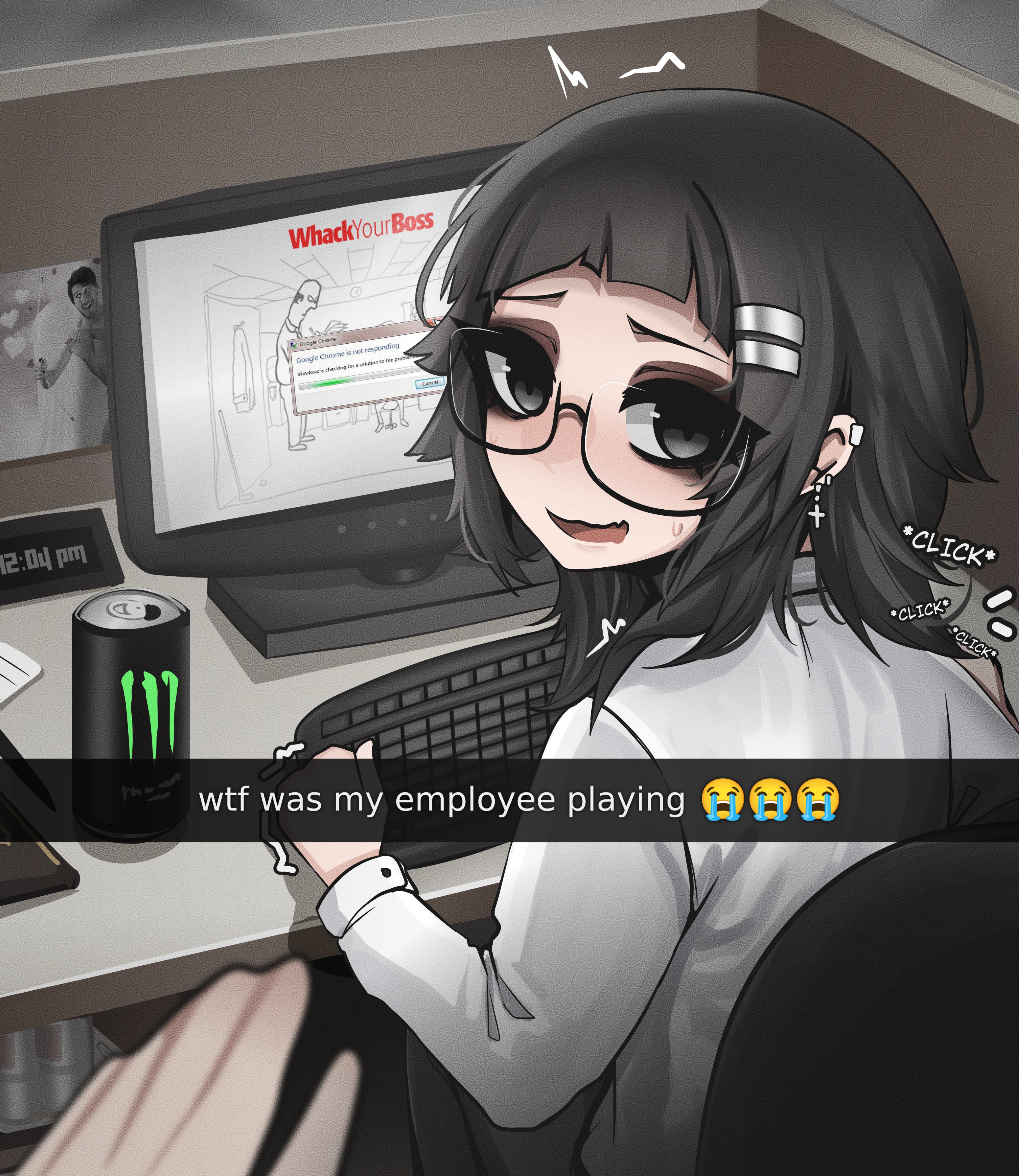 mikuneki, markiplier, riyo kaede (mikuneki), monster energy, original, real life, absurdres, commentary, english commentary, highres, 1girl, arched bangs, black-framed eyewear, black eyes, black hair, can, caption, computer keyboard, cross, cross earrings, crying emoji, cubicle, drink can, earrings, emoji, employee uniform, english text, glasses, hair ornament, hairclip, indoors, jewelry, long sleeves, looking at viewer, medium hair, monitor, office, open mouth, parallel hairclips, pov, pov hands, semi-rimless eyewear, shirt, sitting, small sweatdrop, smile, solo focus, sound effects, twitching, under-rim eyewear, video game, white shirt, window (computing)