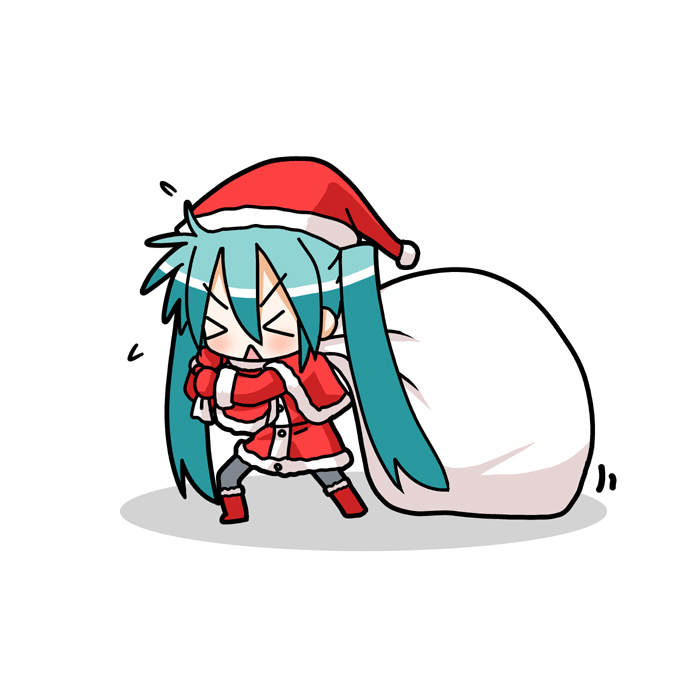 minami (colorful palette), chibi miku, hatsune miku, vocaloid, > <, chibi, closed eyes, hat, long hair, santa costume, santa hat, solo, triangle mouth, twintails, very long hair