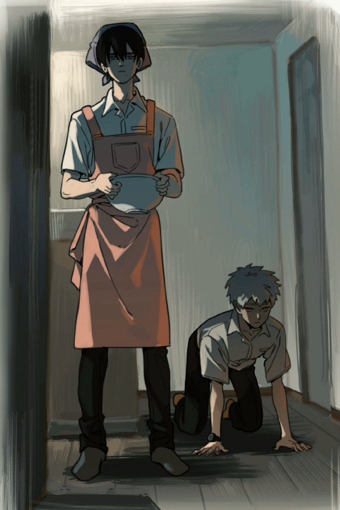 iria arts, indou hikaru, tsujinaka yoshiki, hikaru ga shinda natsu, 2boys, all fours, alternate costume, apron, black hair, black pants, bowl, closed mouth, collared shirt, holding, holding bowl, male focus, mole, mole on cheek, mole under mouth, multiple boys, multiple moles, pants, pink apron, shirt, shoes, short hair, short sleeves, standing, white hair, white shirt, white shoes