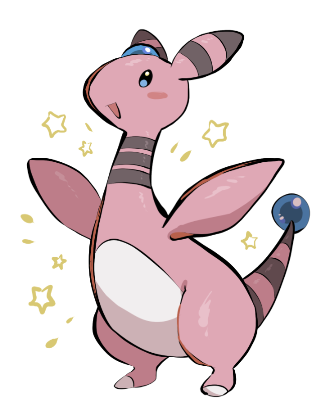 yumeminoideyu2, ampharos, nintendo, pokemon, :d, alternate color, animal focus, black eyes, blue gemstone, blush stickers, forehead jewel, full body, gem, gen 2 pokemon, looking at viewer, no humans, open mouth, outstretched arms, pink fur, pokemon (creature), pokemon focus, shiny pokemon, simple background, smile, solo, standing, star (symbol), white background