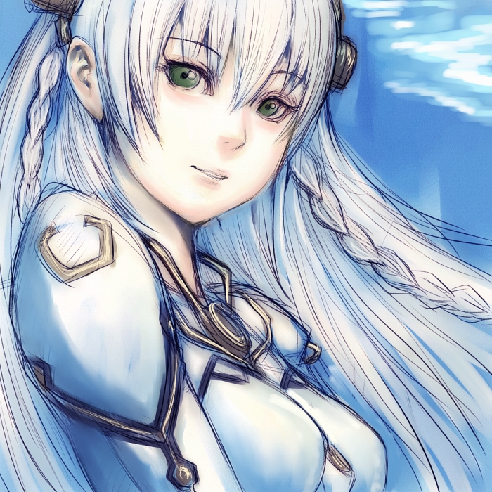 fumio (rsqkr), shurelia (ar tonelico), ar tonelico, ar tonelico i, gust, 00s, 1girl, blue background, braid, breasts, female focus, green eyes, hair between eyes, side braids, smile, solo, white hair
