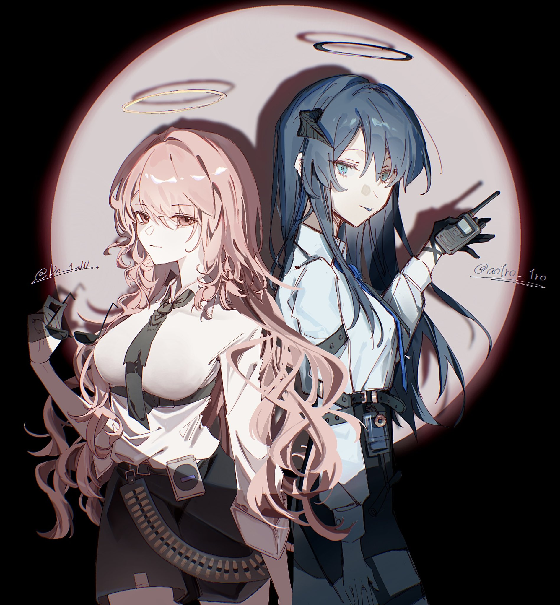 de 1aw, lemuen (arknights), mostima (arknights), arknights, highres, 1girl, black gloves, black necktie, blue hair, collared shirt, cropped legs, gloves, green eyes, horns, long hair, looking at viewer, necktie, pink hair, shirt, shorts, skirt, sleeve rolled up, solo