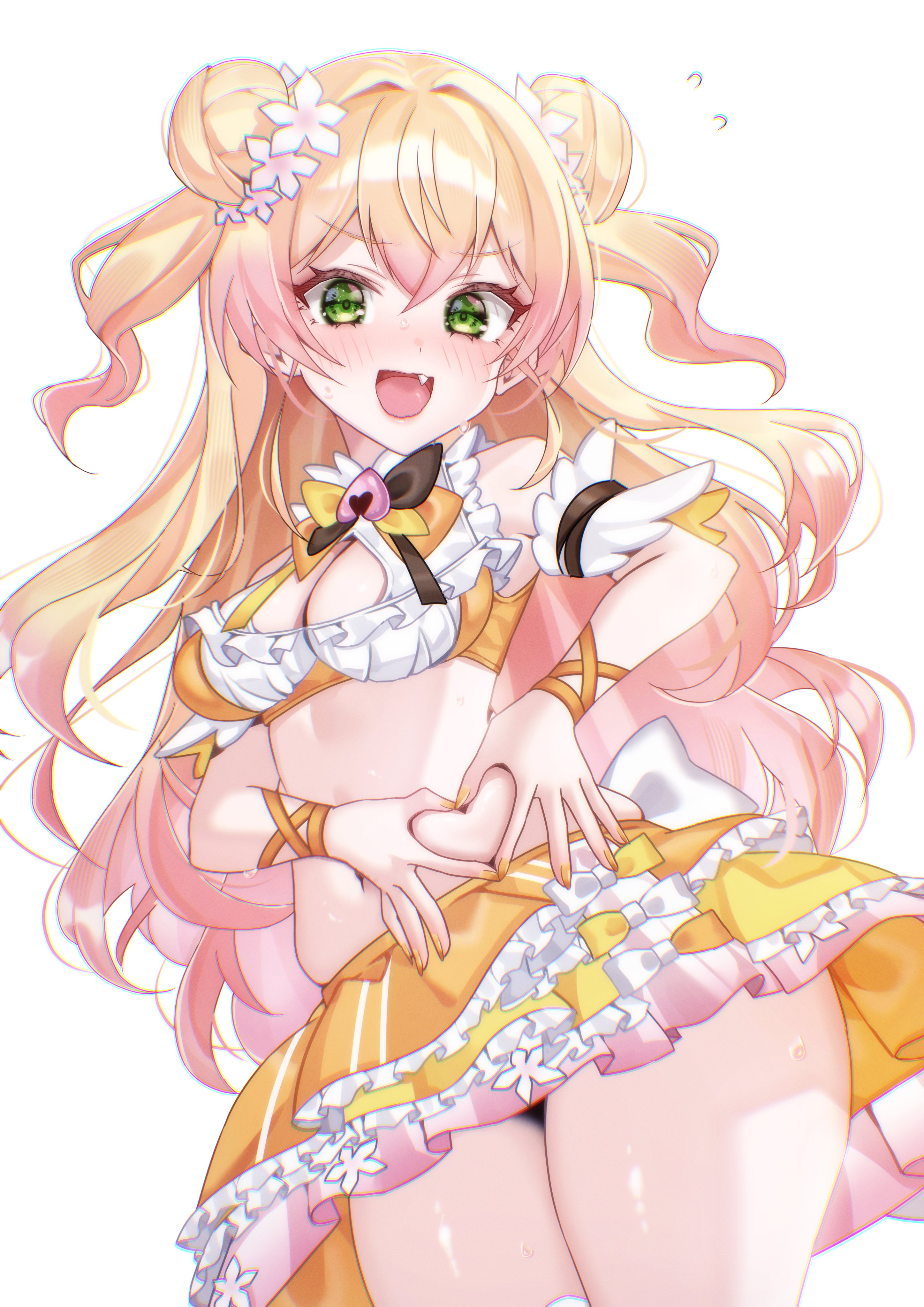 chierishu, momosuzu nene, hololive, absurdres, highres, 1girl, blonde hair, blush, breasts, cleavage, cleavage cutout, clothing cutout, crop top, double bun, fang, four-finger heart hands, frilled skirt, frills, green eyes, hair bun, heart, heart hands, looking at viewer, medium breasts, open mouth, orange shirt, orange skirt, shirt, skirt, solo, two side up, virtual youtuber