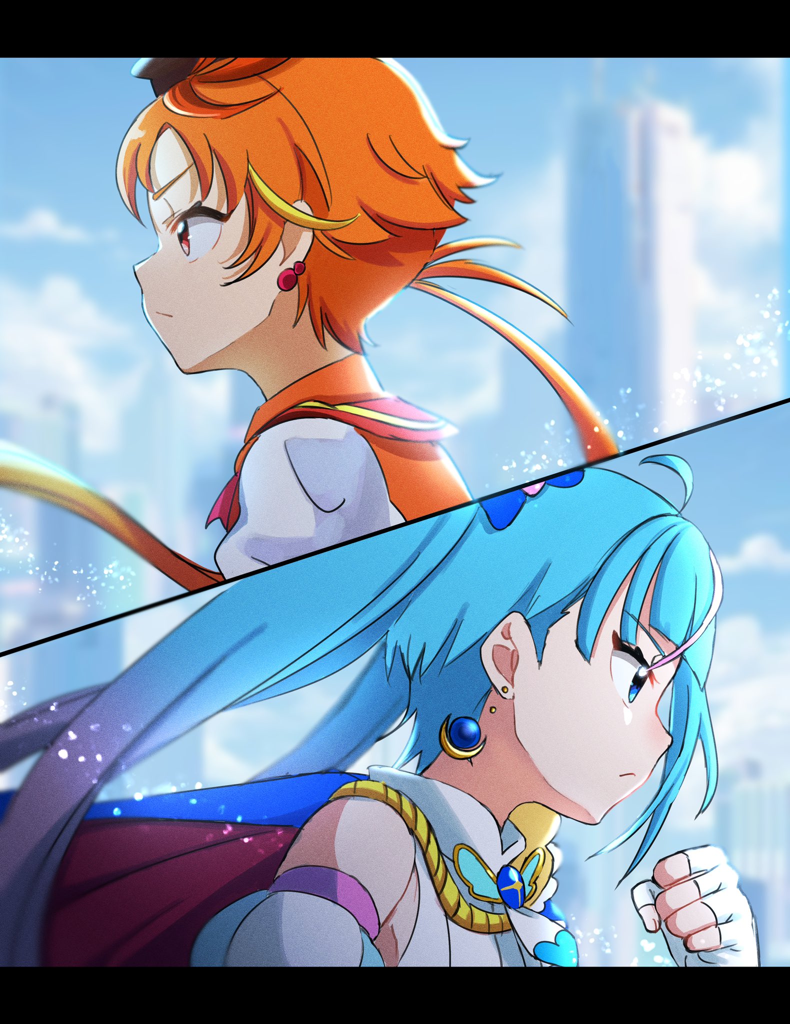 yumi san0112, cure sky, cure wing, sora harewataru, yuunagi tsubasa, hirogaru sky! precure, precure, commentary, highres, 1boy, 1girl, black hat, blue cape, blue eyes, blue hair, blue sky, blurry, blurry background, brooch, cape, clenched hand, closed mouth, cut bangs, day, detached sleeves, dress, earrings, fingerless gloves, frown, gloves, hat, jacket, jewelry, letterboxed, long hair, low ponytail, magical boy, magical girl, multicolored hair, orange hair, orange jacket, outdoors, pink hair, ponytail, puffy detached sleeves, puffy sleeves, red cape, red eyes, single sidelock, sky, sleeveless, sleeveless dress, streaked hair, twintails, two-sided cape, two-sided fabric, two-tone hair, white dress, white gloves, wing brooch