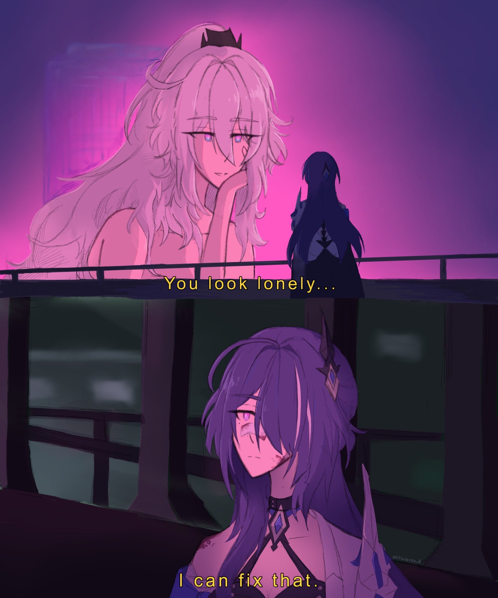 mitsuba (mitsubread), acheron (honkai: star rail), kiana kaslana, kiana kaslana (herrscher of finality), blade runner (series), blade runner 2049, honkai: star rail, honkai (series), honkai impact 3rd, highres, 2girls, ahoge, bandaid, bandaid on face, bandaid on nose, choker, english text, hair between eyes, hair ornament, hair over one eye, hand on own cheek, hand on own face, long hair, meme, multicolored eyes, multiple girls, neon lights, ponytail, purple eyes, purple hair, scene reference, single bare shoulder, two-tone eyes, very long hair, white hair, white streaks, you look lonely (meme), yuri