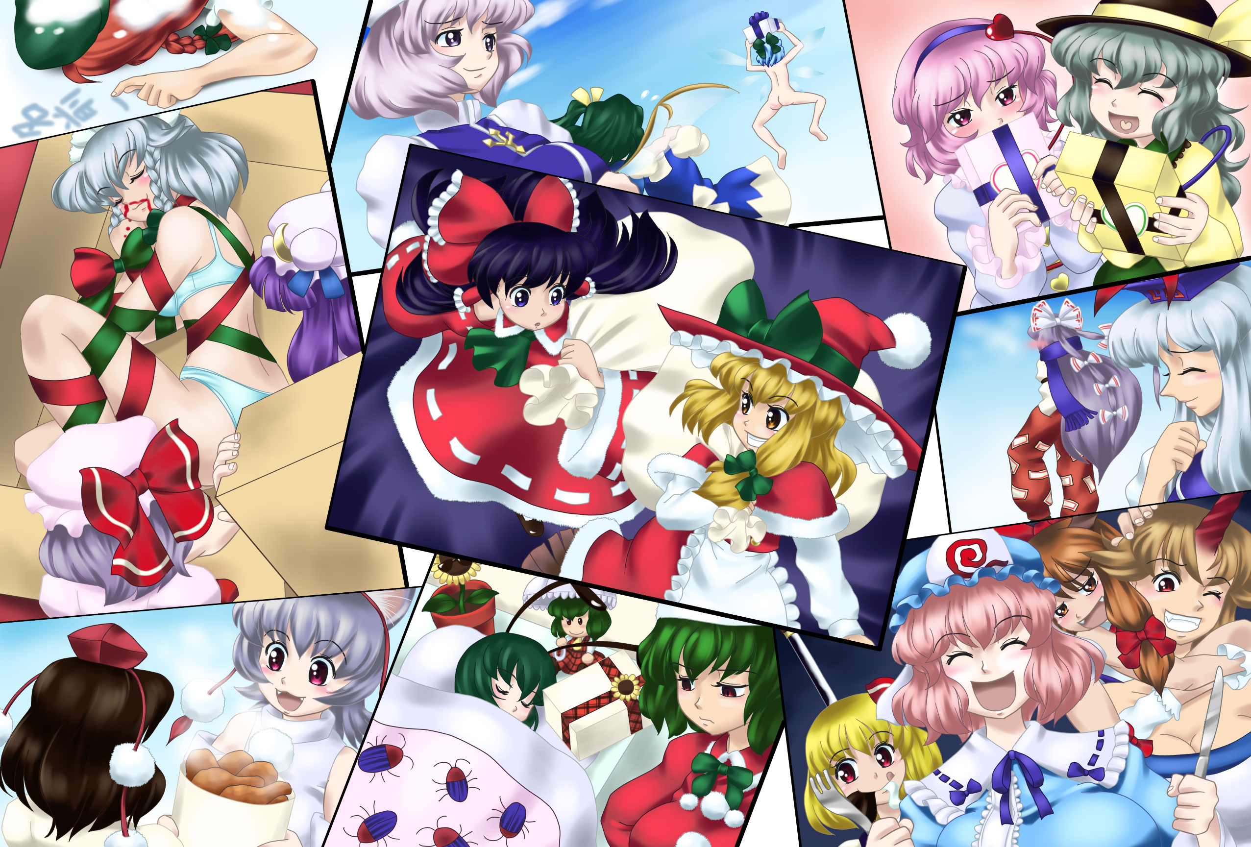 raionsan, cirno, daiyousei, fujiwara no mokou, hakurei reimu, hong meiling, hoshiguma yuugi, ibuki suika, inubashiri momiji, izayoi sakuya, kamishirasawa keine, kazami yuuka, kirisame marisa, komeiji koishi, komeiji satori, letty whiterock, patchouli knowledge, remilia scarlet, rumia, saigyouji yuyuko, shameimaru aya, wriggle nightbug, touhou, highres, 6+girls, animal ears, antennae, blonde hair, blood, blue bra, blue panties, blush, bow, box, bra, drooling, fang, female focus, flower, food, fork, gift, hair bow, hat, horns, in box, in container, knife, multiple girls, nosebleed, nude, panties, red eyes, ribbon, single horn, smile, sunflower, tokin hat, underwear, underwear only, wolf ears