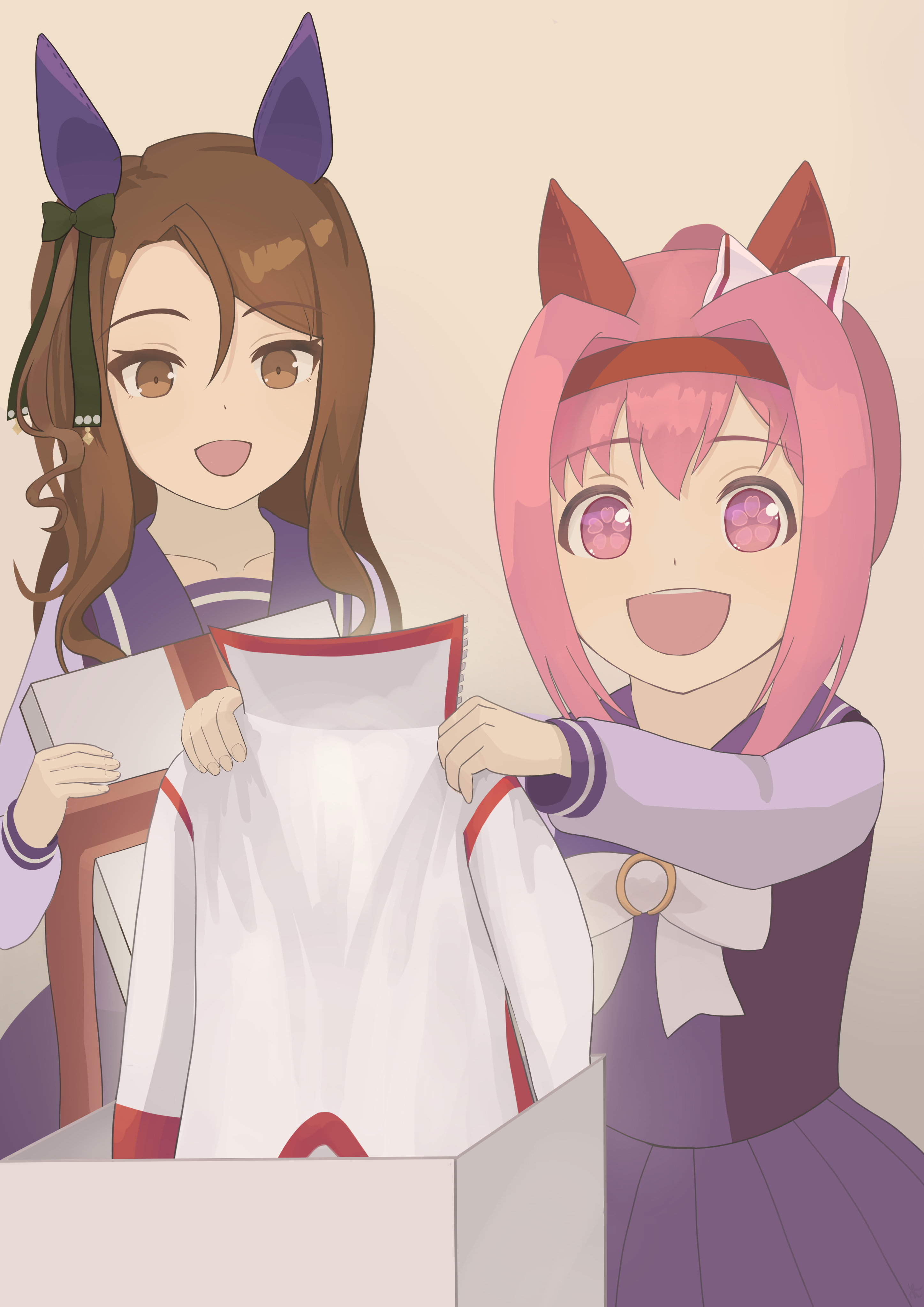 haru urara (umamusume), umamusume, absurdres, character request, highres, 2girls, animal ears, bow, bowtie, box, brown eyes, brown hair, collarbone, gift, gift box, green bow, hair bow, hair intakes, headband, horse ears, horse girl, long sleeves, multiple girls, open mouth, pink hair, pleated skirt, purple eyes, purple shirt, purple skirt, red headband, school uniform, shirt, sketchbiyori, skirt, teeth, tracen school uniform, upper teeth only, white bow, white bowtie