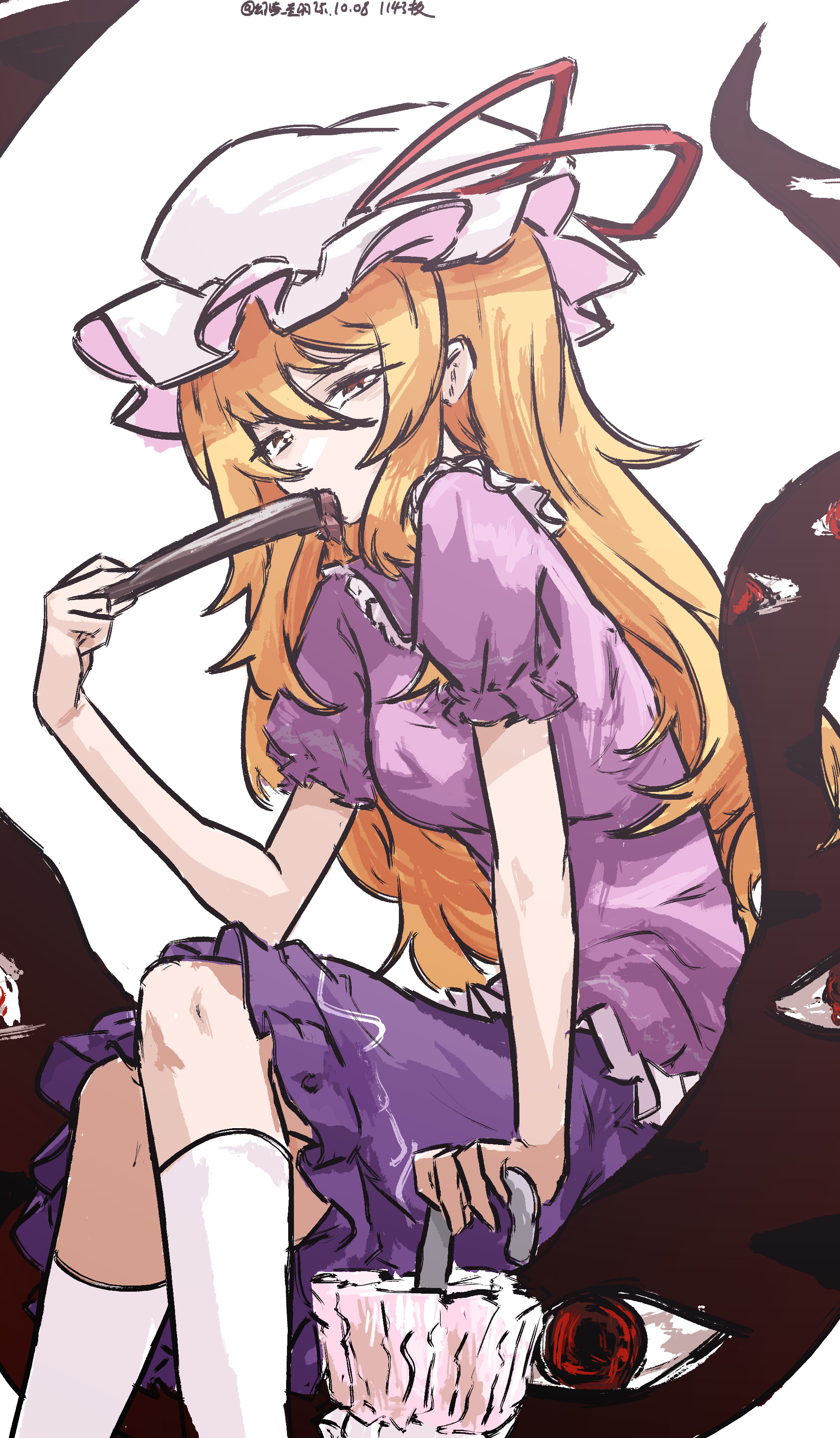 ve1024, maribel hearn, touhou, absurdres, commentary request, highres, 1girl, blonde hair, crossed legs, dated, fan to mouth, folded fan, folded umbrella, folding fan, gap (touhou), hand fan, hat, holding, holding fan, holding umbrella, long hair, looking at viewer, mob cap, one-hour drawing challenge, purple shirt, purple skirt, shirt, short sleeves, skirt, socks, solo, twitter username, umbrella, white socks, yellow eyes