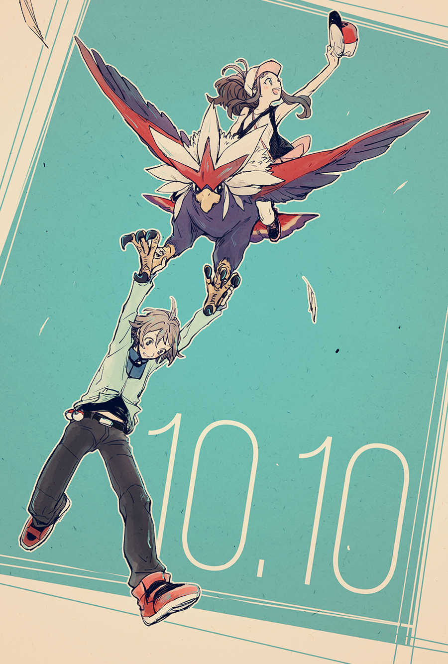 shigeru, braviary, hilbert (pokemon), hilda (pokemon), nintendo, pokemon, pokemon bw, highres, 1boy, 1girl, baseball cap, blue background, blue jacket, brown hair, feathers, full body, gen 5 pokemon, hat, holding, holding unworn clothes, holding unworn hat, jacket, outline, poke ball, poke ball (basic), pokemon (creature), riding, riding pokemon, unworn hat, unworn headwear, white outline