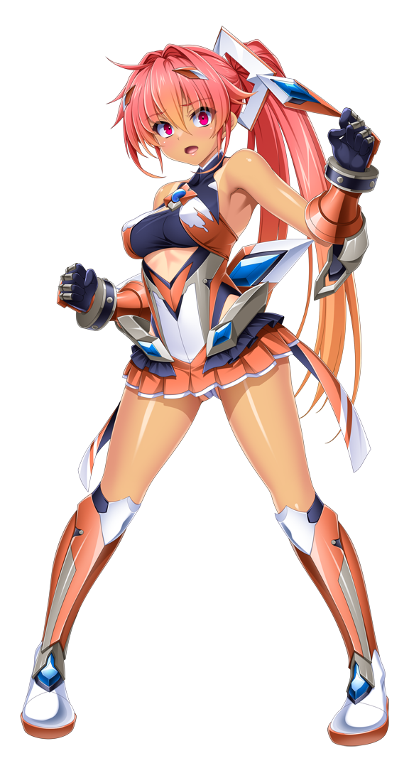 rindou (radical dream), exs-tia sol, oosumi kanon, kouyoku senki exs-tia concert, game cg, large variant set, non-web source, official art, variant set, 1girl, armored boots, armpits, bare shoulders, black gloves, boots, breasts, chest jewel, clenched hands, full body, gauntlets, gloves, gluteal fold, gradient hair, hair ornament, headgear, knee boots, large breasts, legs apart, leotard, long hair, looking at viewer, magical girl, miniskirt, multicolored hair, one-piece tan, open mouth, orange hair, orange skirt, pink eyes, pink hair, pleated skirt, ponytail, red eyes, red hair, shiny skin, skirt, solo, standing, tachi-e, tan, tanline, transparent background, wide-eyed