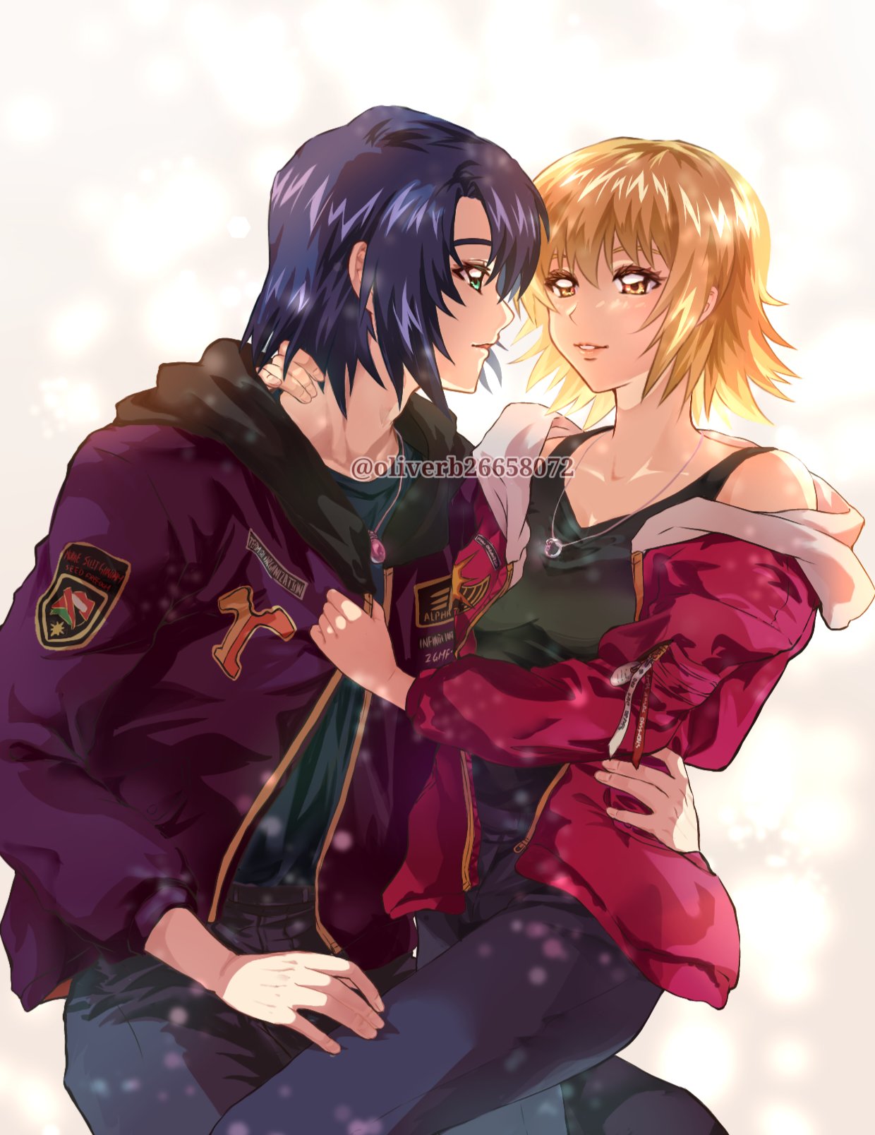 oliverb26658072, athrun zala, cagalli yula athha, gundam, gundam seed, gundam seed freedom, commentary request, highres, 1boy, 1girl, amulet, artist name, black pants, black shirt, black tank top, blonde hair, blue hair, couple, green eyes, hand on another's waist, jacket, jewelry, looking at another, necklace, open clothes, open jacket, pants, purple jacket, red jacket, ring, shirt, short hair, smile, tank top, twitter username, watermark, yellow background, yellow eyes