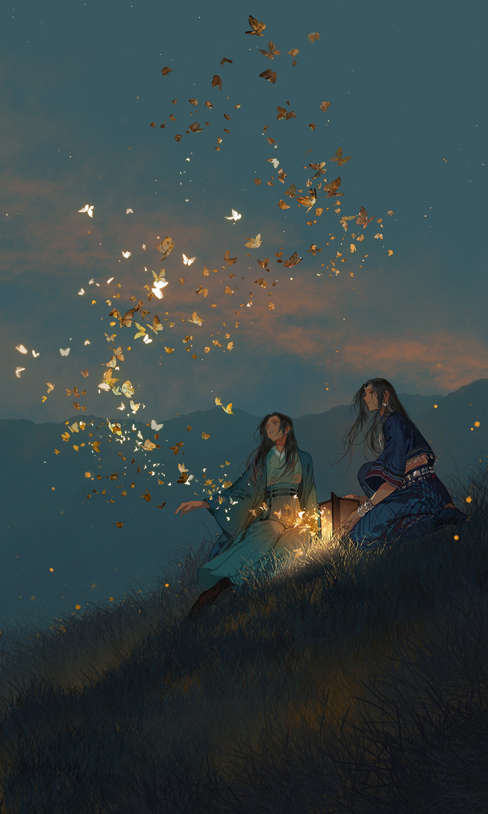 ibuki satsuki, original, chinese commentary, commentary request, highres, 1boy, 1girl, aqua hanfu, black hair, blue shirt, blue skirt, boots, bracelet, brown boots, bug, butterfly, chinese clothes, dusk, earrings, firefly, golden butterfly, grass, hanfu, insect, jewelry, kneeling, long hair, looking up, mountain, night, on grass, outdoors, shirt, sitting, skirt, wide shot, yokozuwari