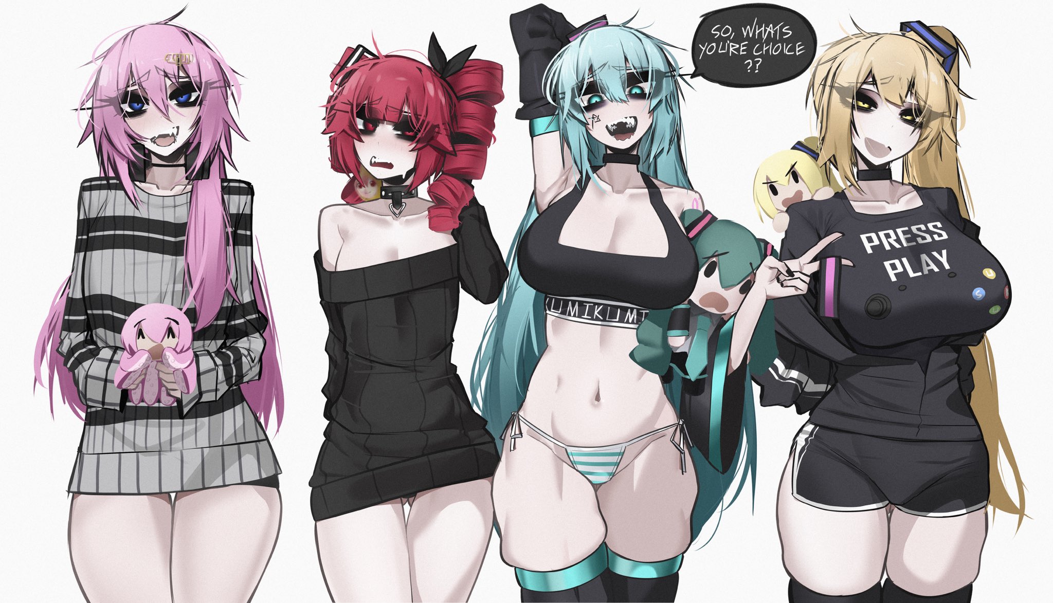 ace glitch, akita neru, gasai yuno, hatsune miku, kasane teto, mirai nikki, utau, vocaloid, highres, adjusting hair, alternate costume, arm up, bikini, bikini bottom only, black shirt, black shorts, black sweater, blonde hair, breasts, character doll, character name, cleavage, cowboy shot, doll, dolphin shorts, drill hair, english text, gluteal fold, green eyes, grey eyes, grey hair, groin, hair between eyes, hair over shoulder, large breasts, long hair, long sleeves, looking at viewer, midriff, navel, off-shoulder sweater, off shoulder, open mouth, pink hair, purple eyes, red eyes, red hair, sharp teeth, shirt, shorts, side ponytail, sidelocks, skindentation, small breasts, speech bubble, sports bra, standing, string bikini, striped bikini, striped clothes, sweater, swimsuit, teeth, thigh gap, thighhighs, thighs, toned, toned female, twin drills, very long hair, white background
