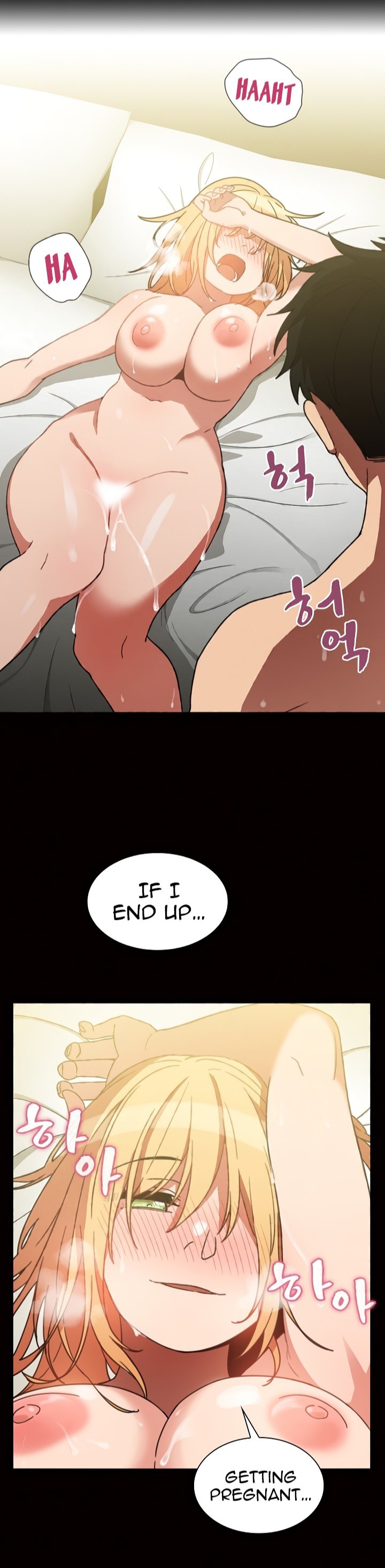 pornhwa, webtoon, artist request, character request, colorized, cropped, long image, official art, translated, 1boy, 1girl, after ejaculation, after vaginal, aftersex, arm up, armpits, bare shoulders, bed, bed sheet, black hair, blonde hair, blush, breasts, censored, collarbone, cum, cum in pussy, cum leaking out of pussy, cumdrip, ejaculation, english text, green eyes, hair over one eye, high heels, large breasts, legs, lower teeth only, lying, medium hair, midriff, navel, nipples, nude, on back, open mouth, pillow, pussy, short hair, smile, speech bubble, stomach, sweat, sweatdrop, teeth, thighs, tongue