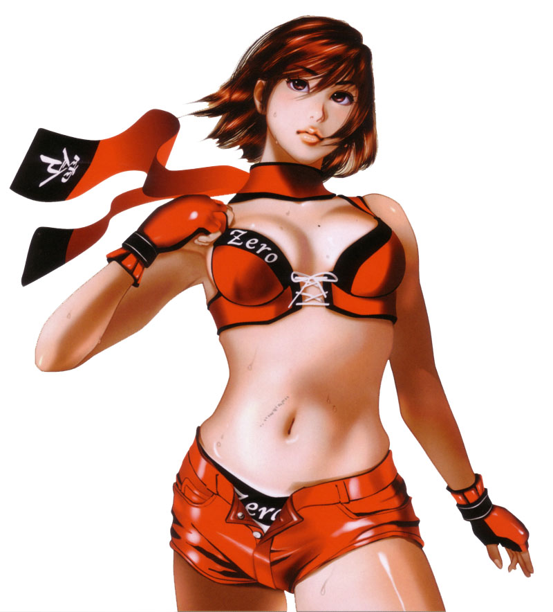 kotobuki shiro, hinomoto reiko, rumble roses, 1girl, bikini, bikini top only, breasts, brown eyes, brown hair, buttons, choker, closed mouth, clothes writing, cowboy shot, cross-laced clothes, female focus, fingerless gloves, front-tie top, gloves, hair between eyes, head tilt, large breasts, lips, midriff, mole, mole on breast, navel, open clothes, open fly, open shorts, red bikini, red gloves, red ribbon, red shorts, ribbon, short hair, shorts, simple background, solo, stomach, sweat, swimsuit, unbuttoned, underwear, unzipped, white background, wind