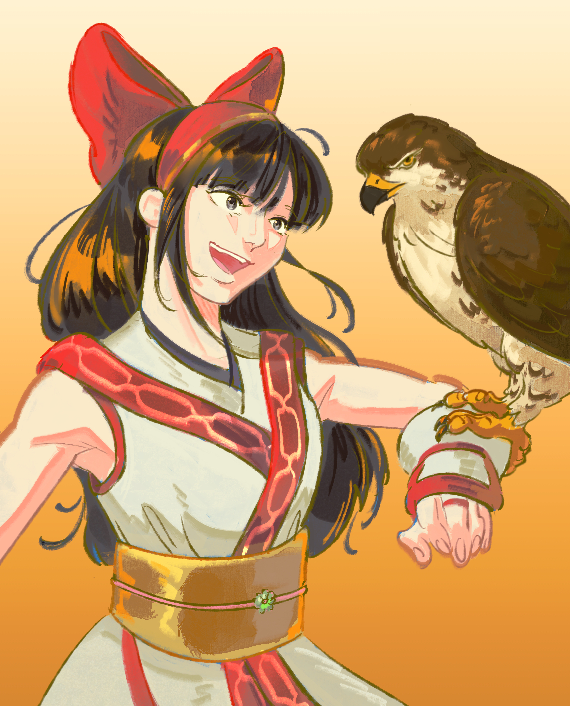 mamahaha, nakoruru, samurai spirits, snk, the king of fighters, the king of fighters xv, highres, 1girl, ainu clothes, arm up, armpit peek, black eyes, black hair, breasts, fingerless gloves, gloves, hair ribbon, legs, long hair, medium breasts, open mouth, pants, ribbon, smile, teeth, thighs