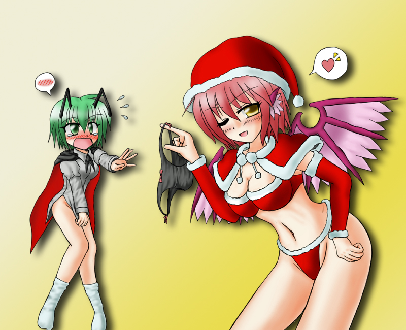 yani tama, mystia lorelei, wriggle nightbug, touhou, 2girls, aged up, animal ears, blush, bottomless, breasts, cape, capelet, christmas, cleavage, clothes theft, elbow gloves, female focus, gloves, green hair, heart, lingerie, midriff, multiple girls, no panties, one eye closed, open mouth, panties, pink hair, santa costume, smile, spoken blush, spoken heart, tears, theft, underwear, underwear theft, wings, wink