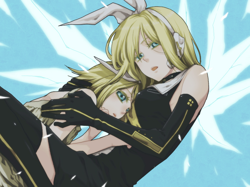 bitte, kagamine len, kagamine rin, kagamine rin (roshin yuukai), roshin yuukai (vocaloid), vocaloid, bad id, bad pixiv id, 2girls, aged down, black thighhighs, blonde hair, choker, dress, dual persona, elbow gloves, gloves, hug, multiple girls, sailor dress, short hair, thighhighs, time paradox