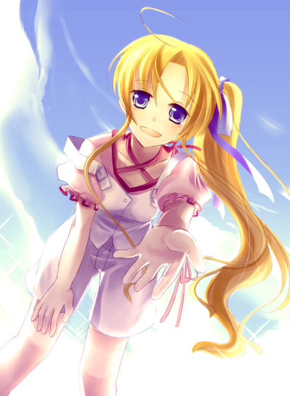 aoi (pixiv13959), toono aoi, hayama mizuki, ef (visual novel), 00s, ahoge, blonde hair, blue eyes, hair ribbon, long hair, outstretched arm, outstretched hand, ponytail, reaching, ribbon, side ponytail, solo